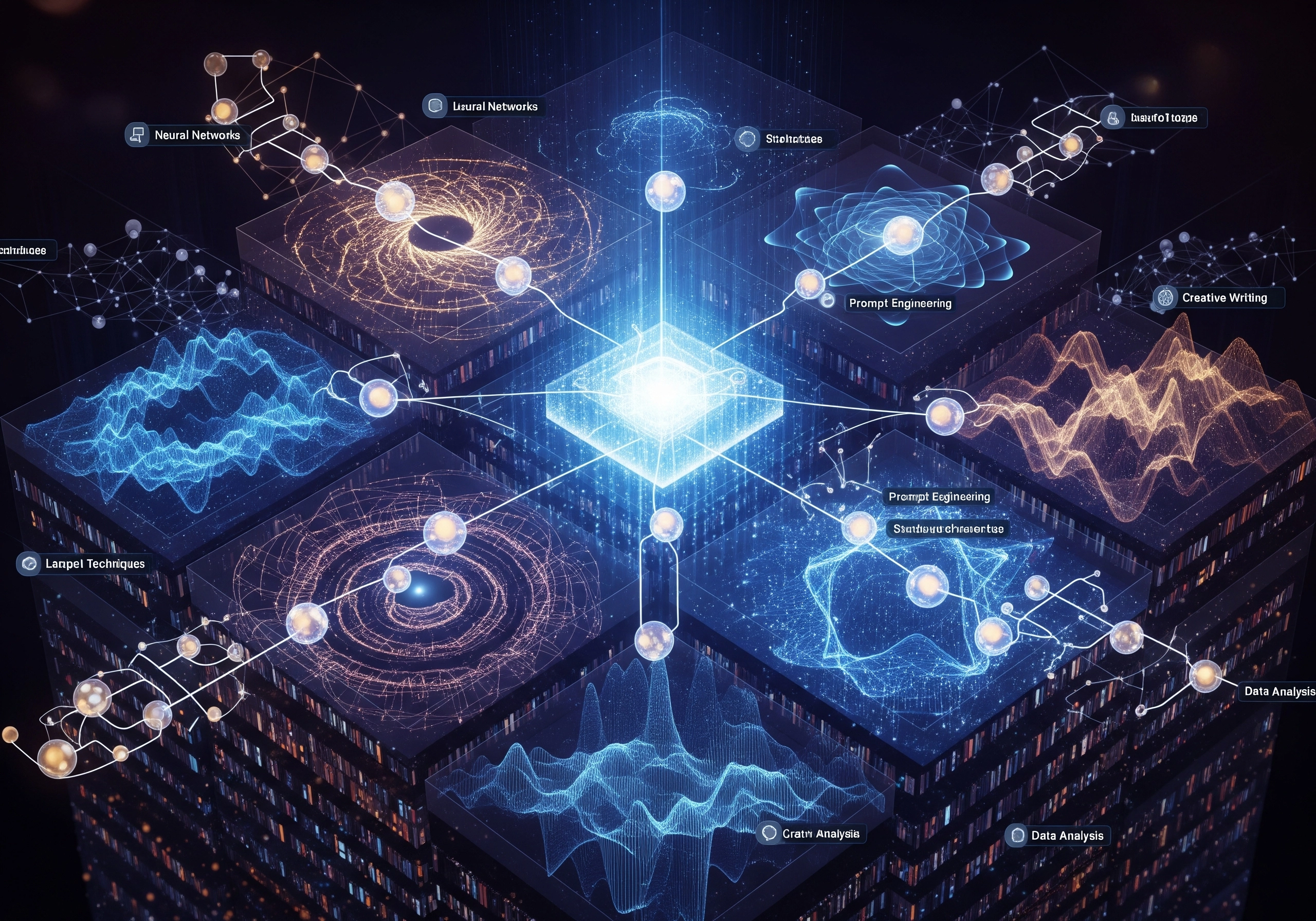 AI content creator concept art showing connected neural networks and data analysis flows.