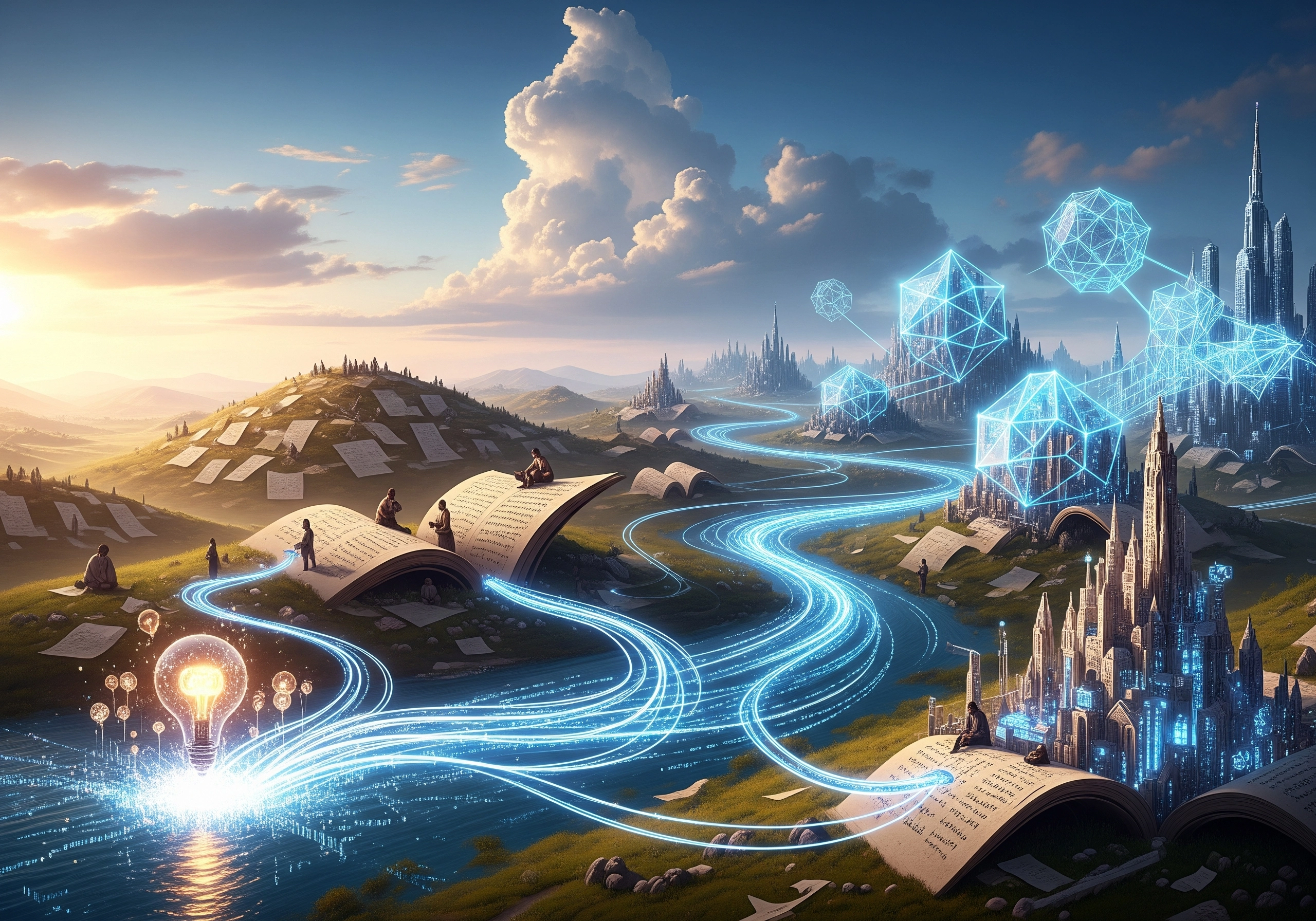 Futuristic city with open books, representing content writing automation and AI for blogs.
