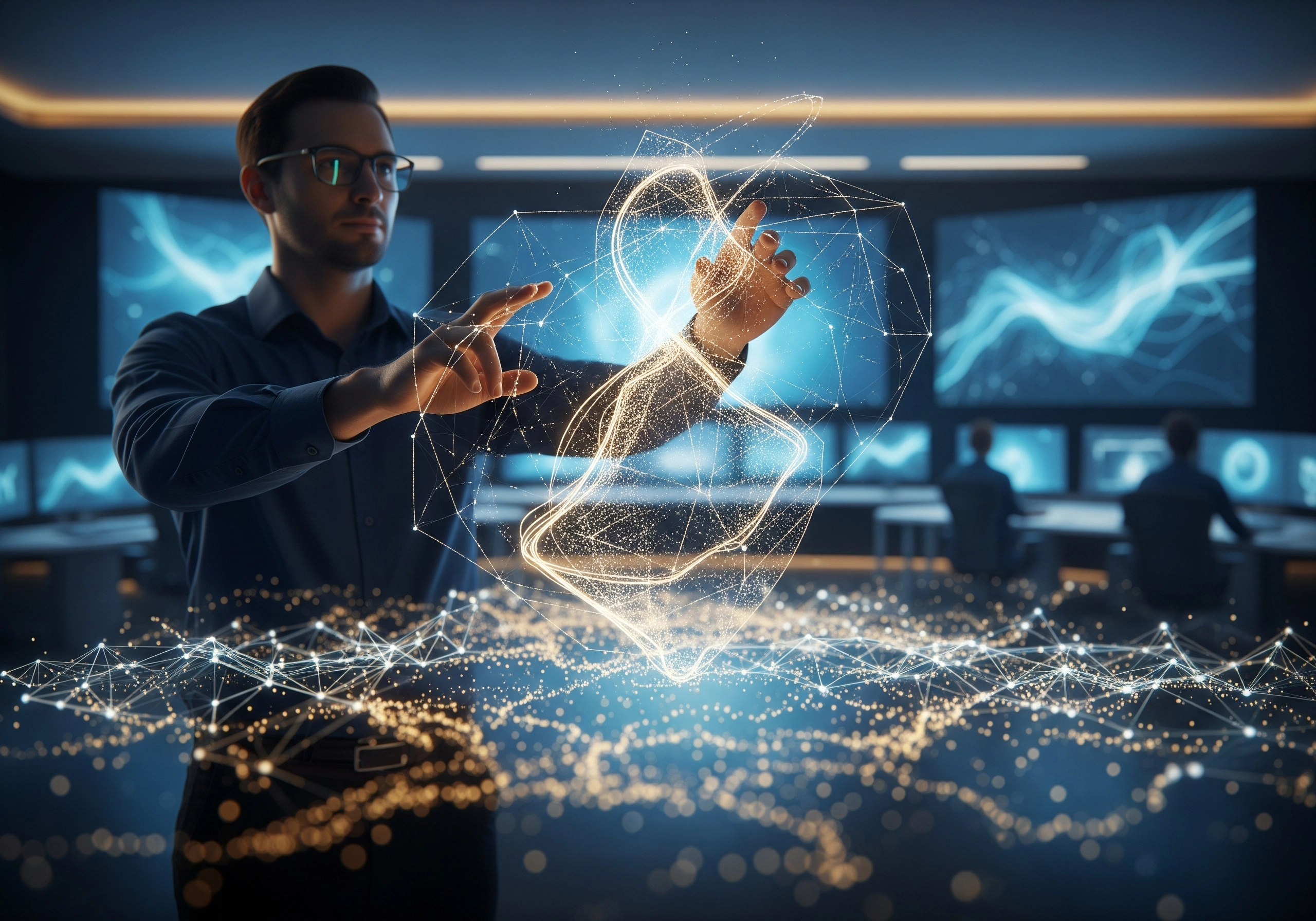 Man interacting with digital network interface in a control room, shows AI blog writer software.