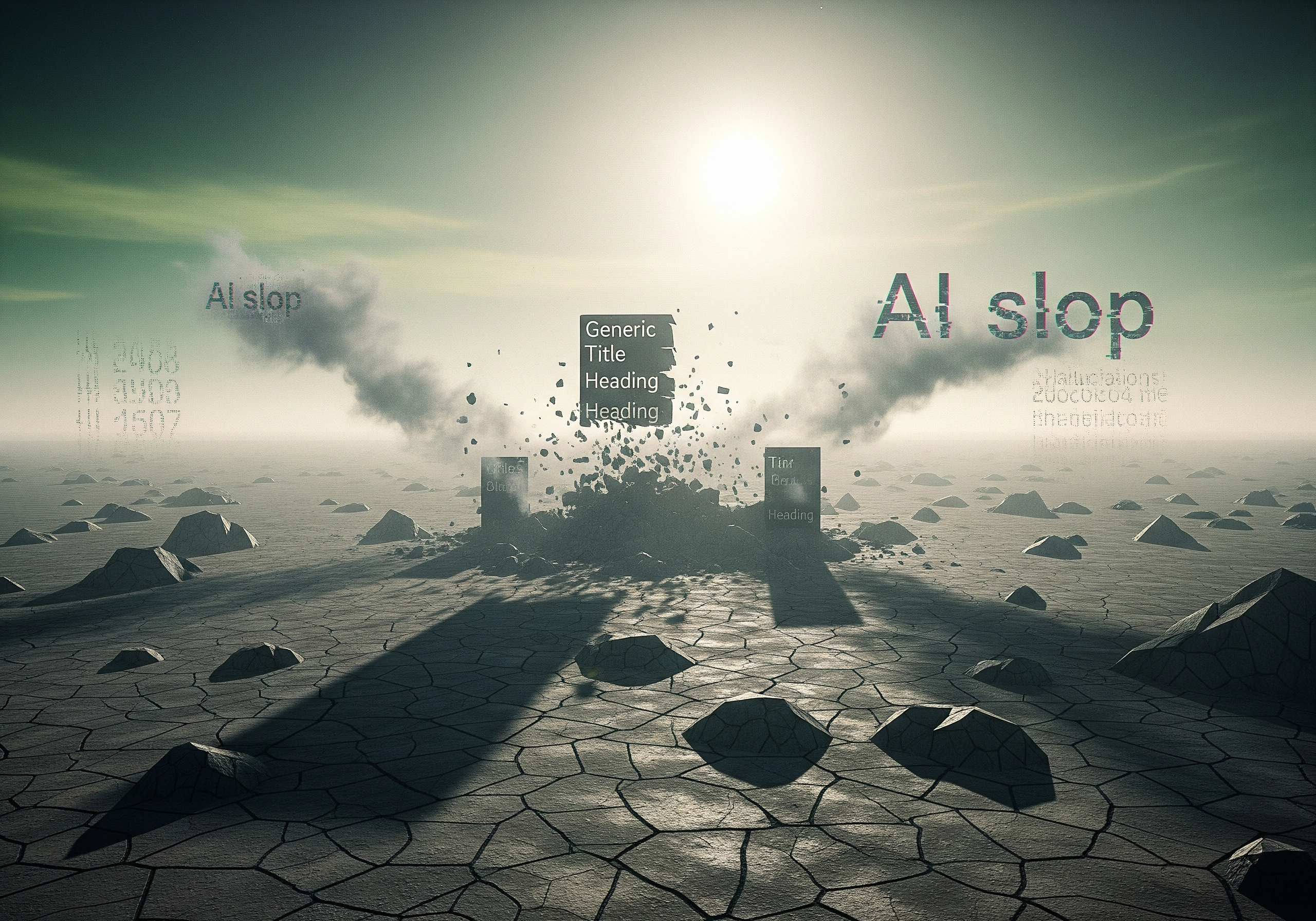 Cracked earth landscape with floating text fragments and smoke effects.