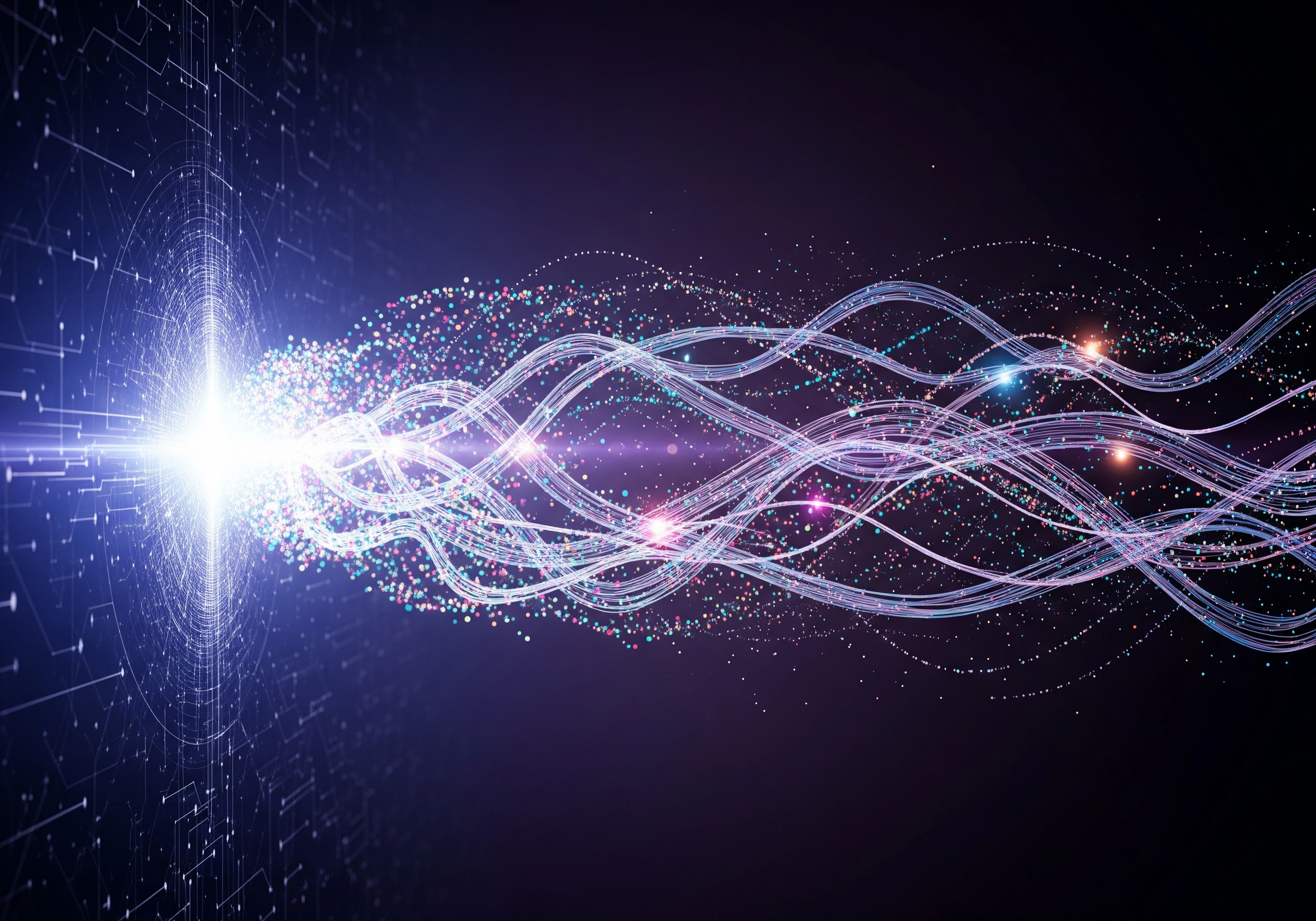 Abstract illustration of glowing data streams and light particles on a dark background.