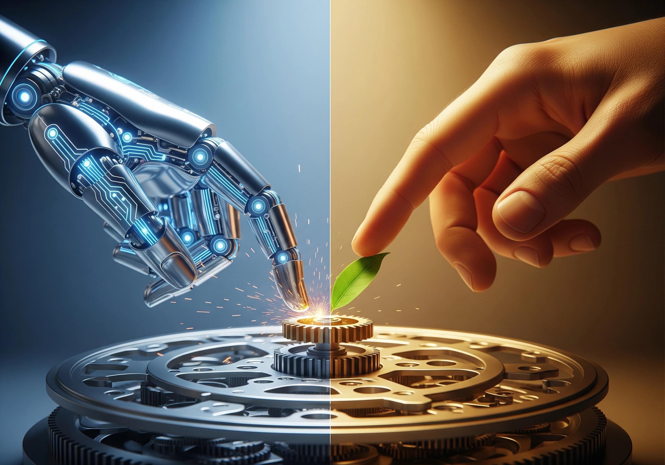Robot hand and human hand touching a gear, representing AI article generation.