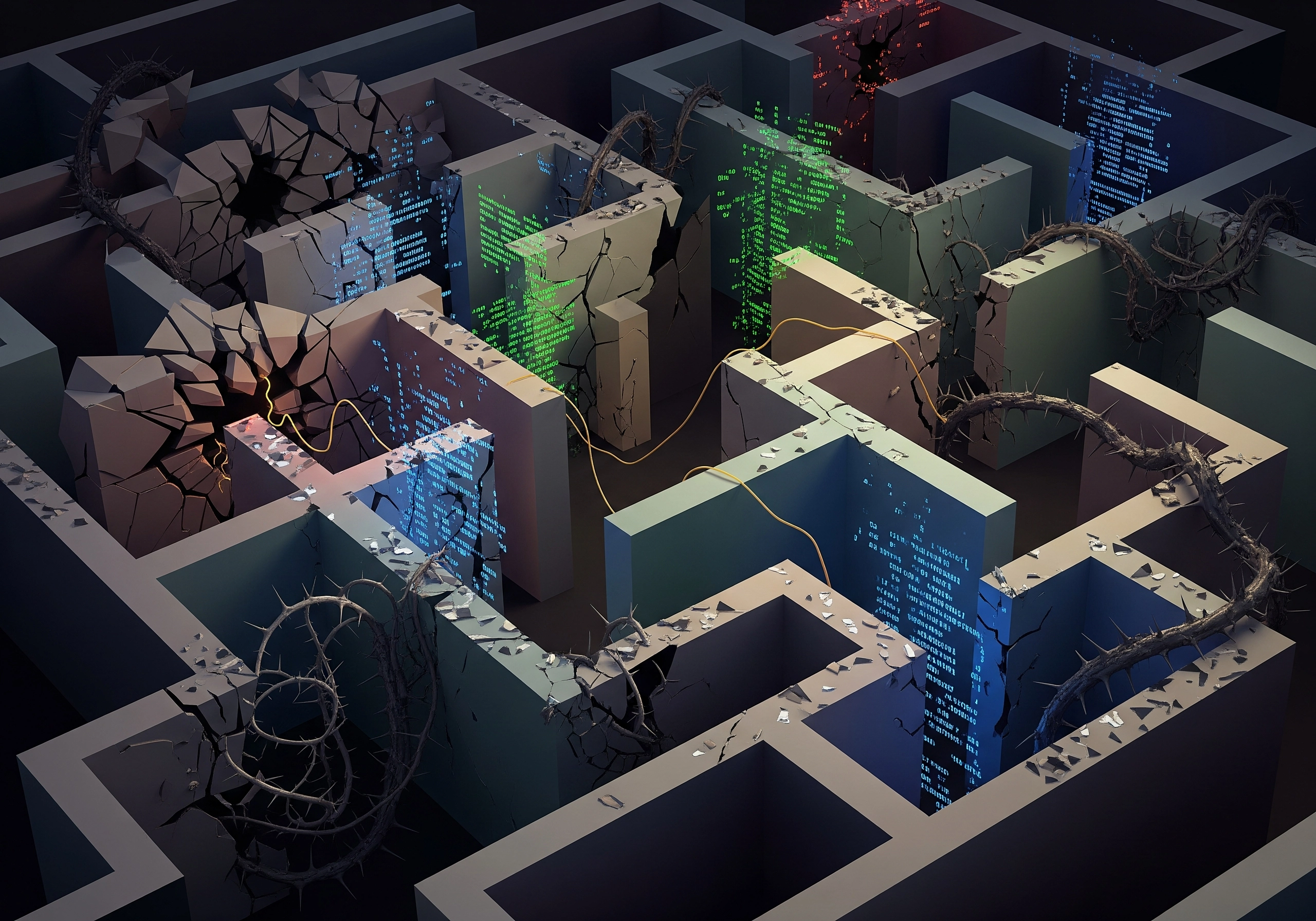 Cracked maze with digital code walls, symbolizing challenges in AI article generation.