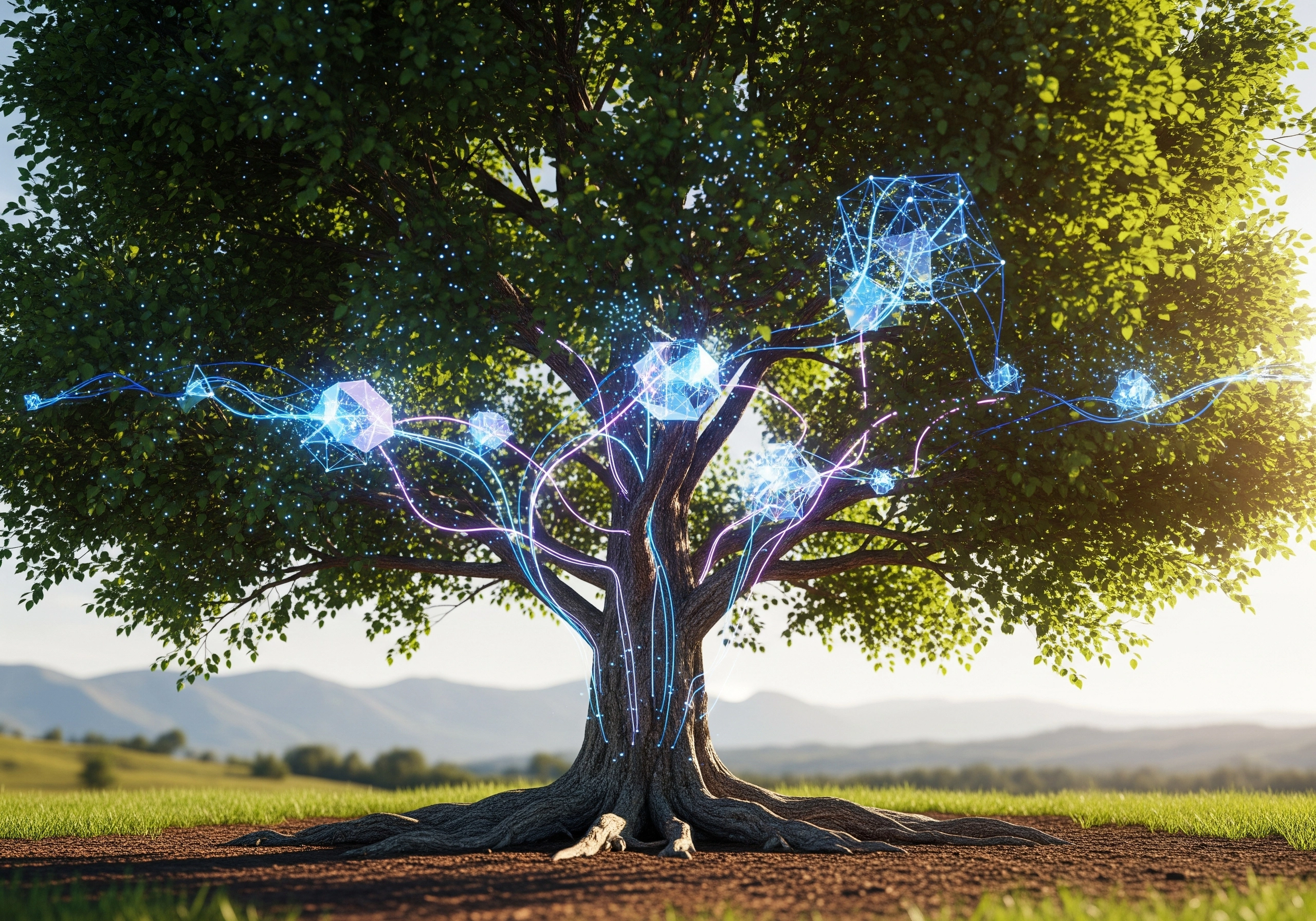 Lush tree with glowing nodes, representing evergreen SEO content and AI connection.