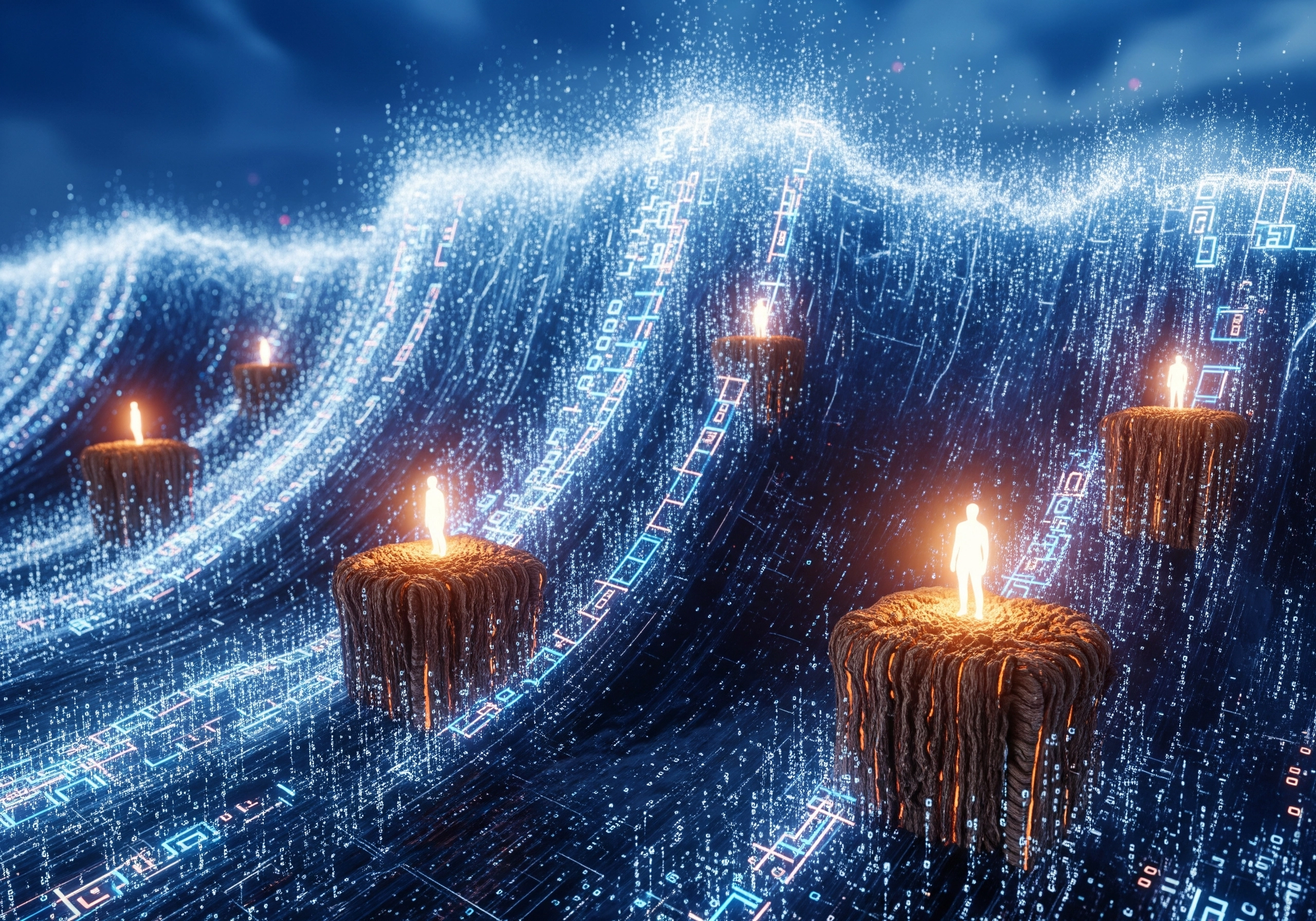 Abstract data stream with figures on islands, a metaphor for content automation.