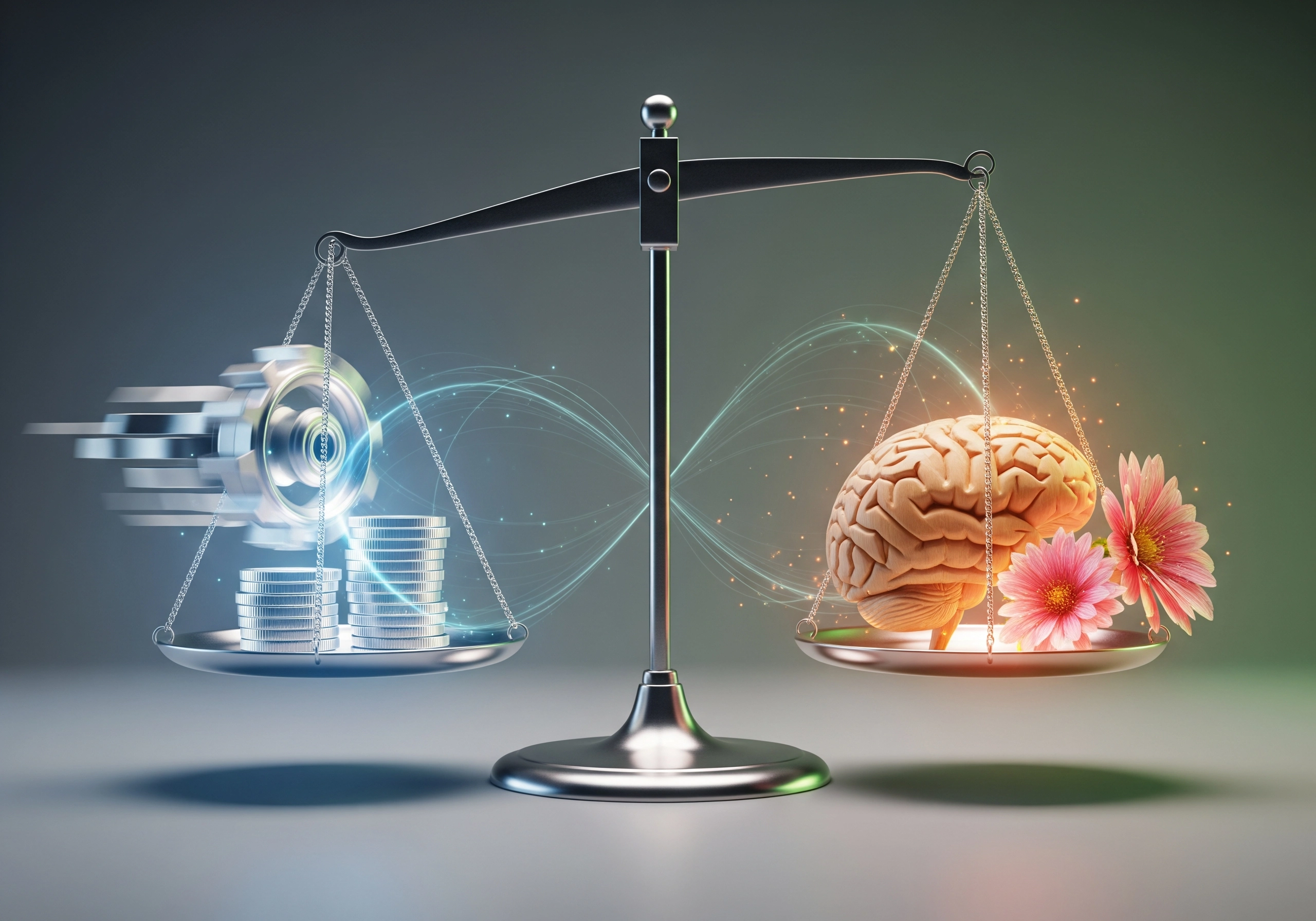 Balance scale comparing automated content tools efficiency versus manual writing creativity.