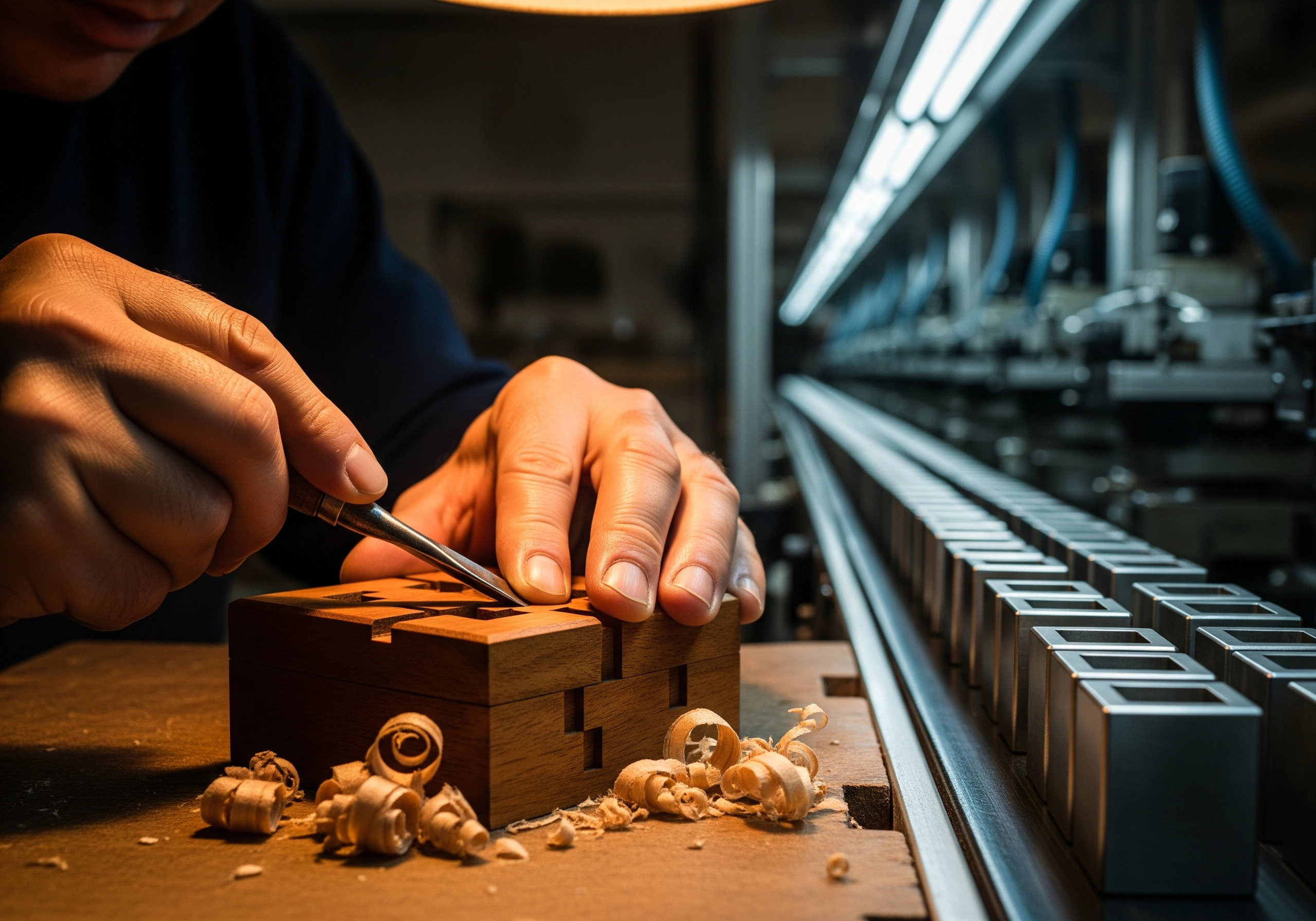 Woodworker carefully carving wooden box with hand tools, showcasing manual creation.