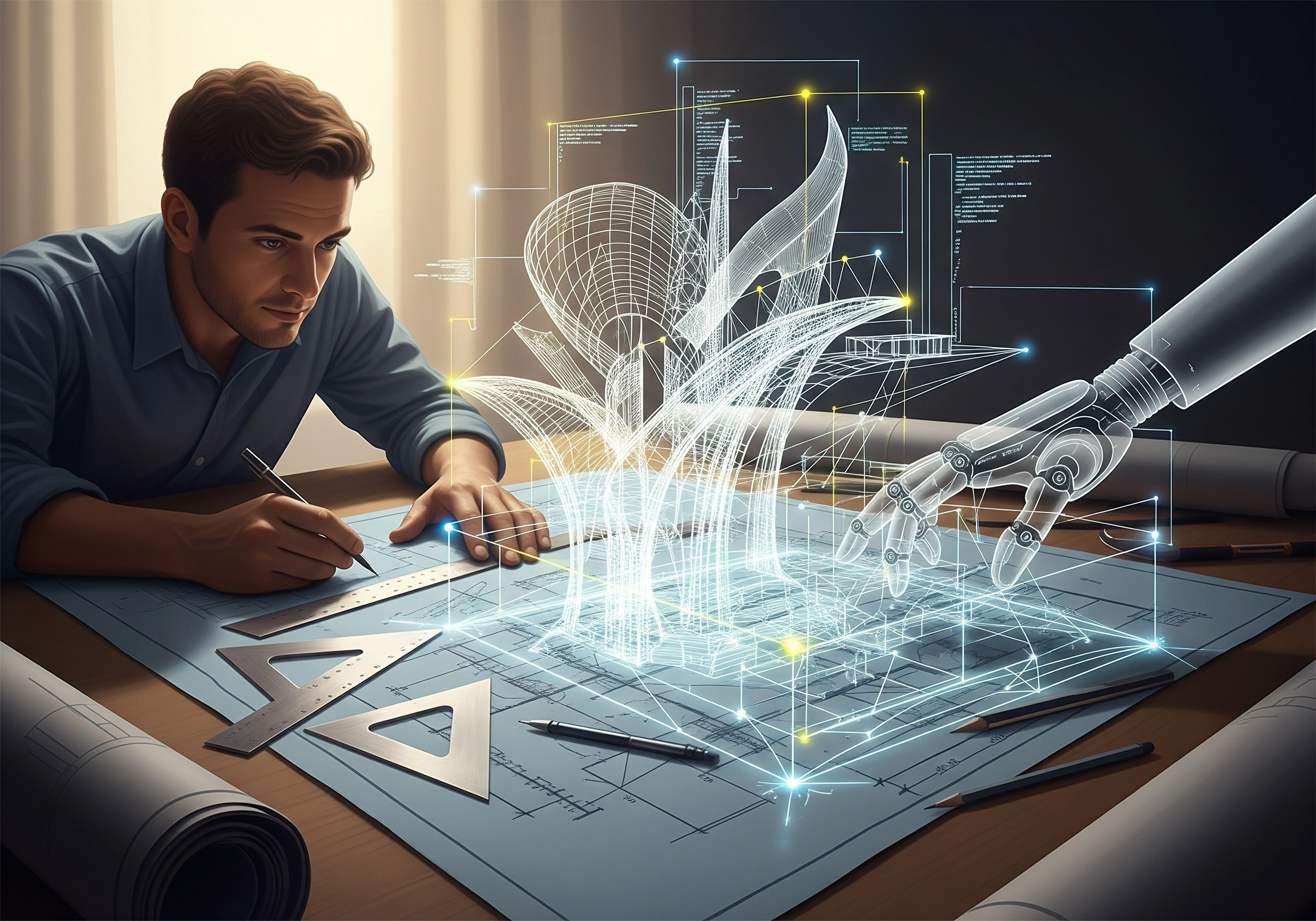 Man drafting a futuristic design with a robotic arm, representing automated content tools.