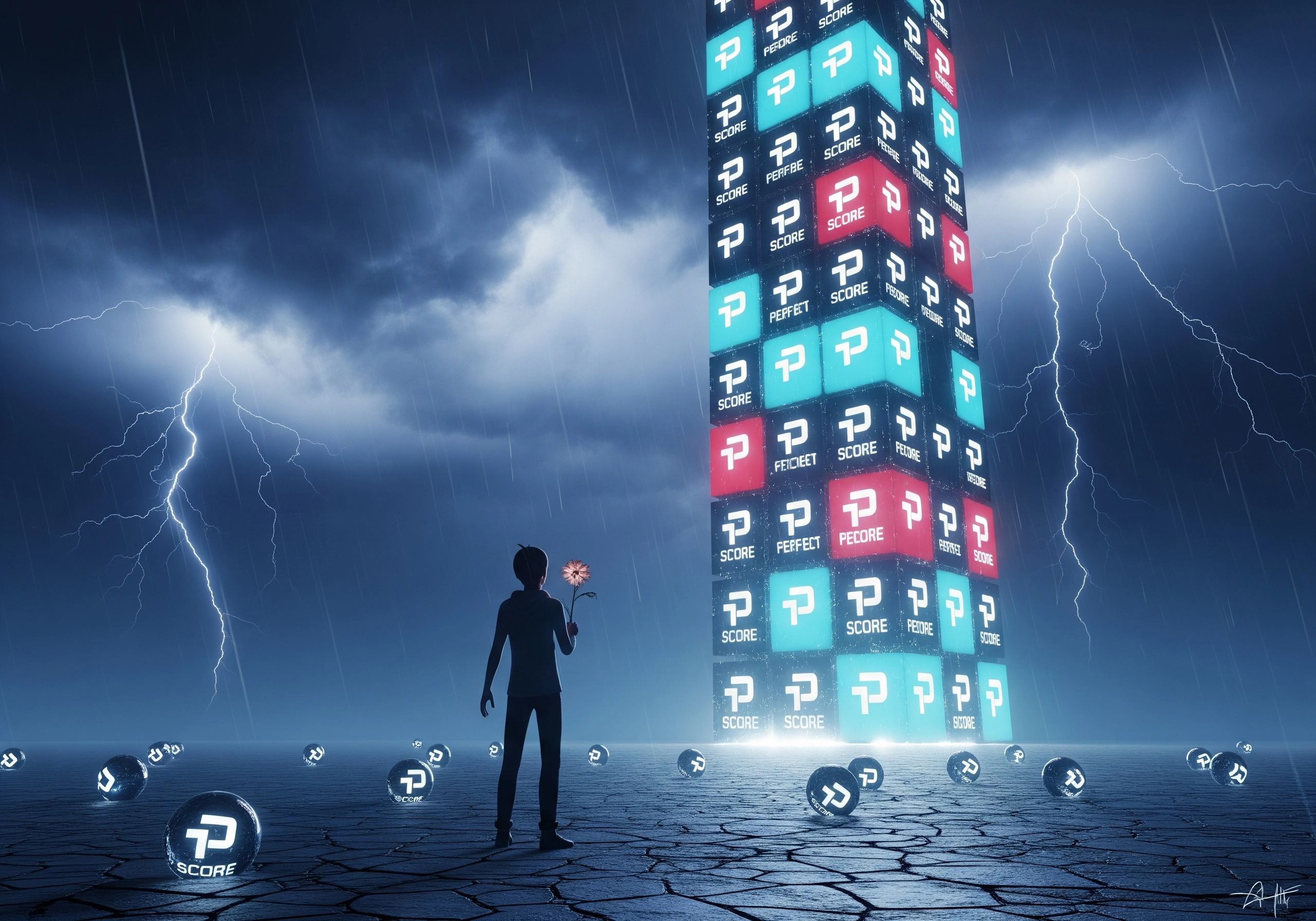 Person with flower looking at a tower of cubes in the rain, representing content marketing tools.