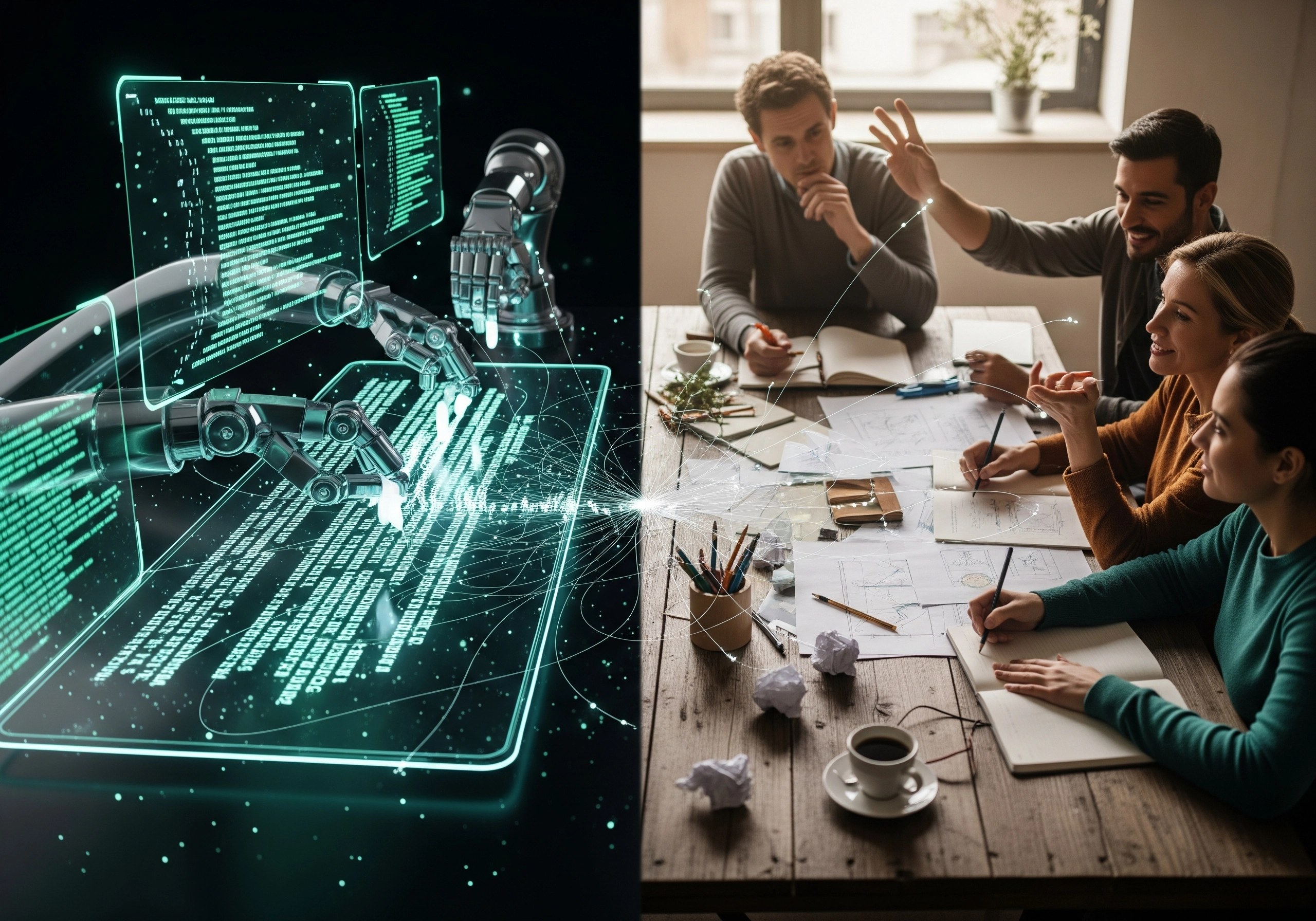 AI robot arm next to a team brainstorming SEO strategy at a wooden table.