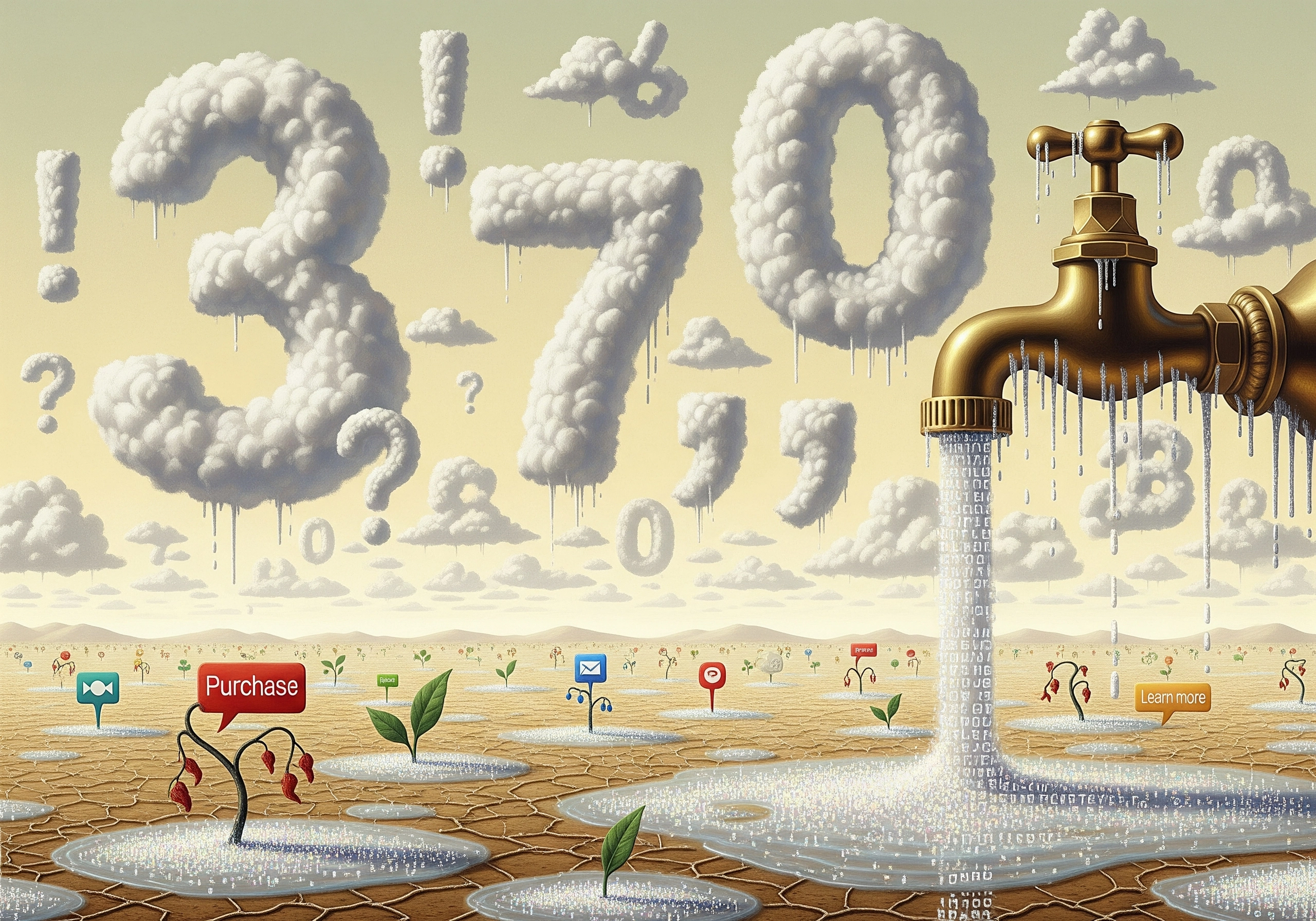 Cloud numbers over arid landscape with tap flowing code; SEO content writing illustration