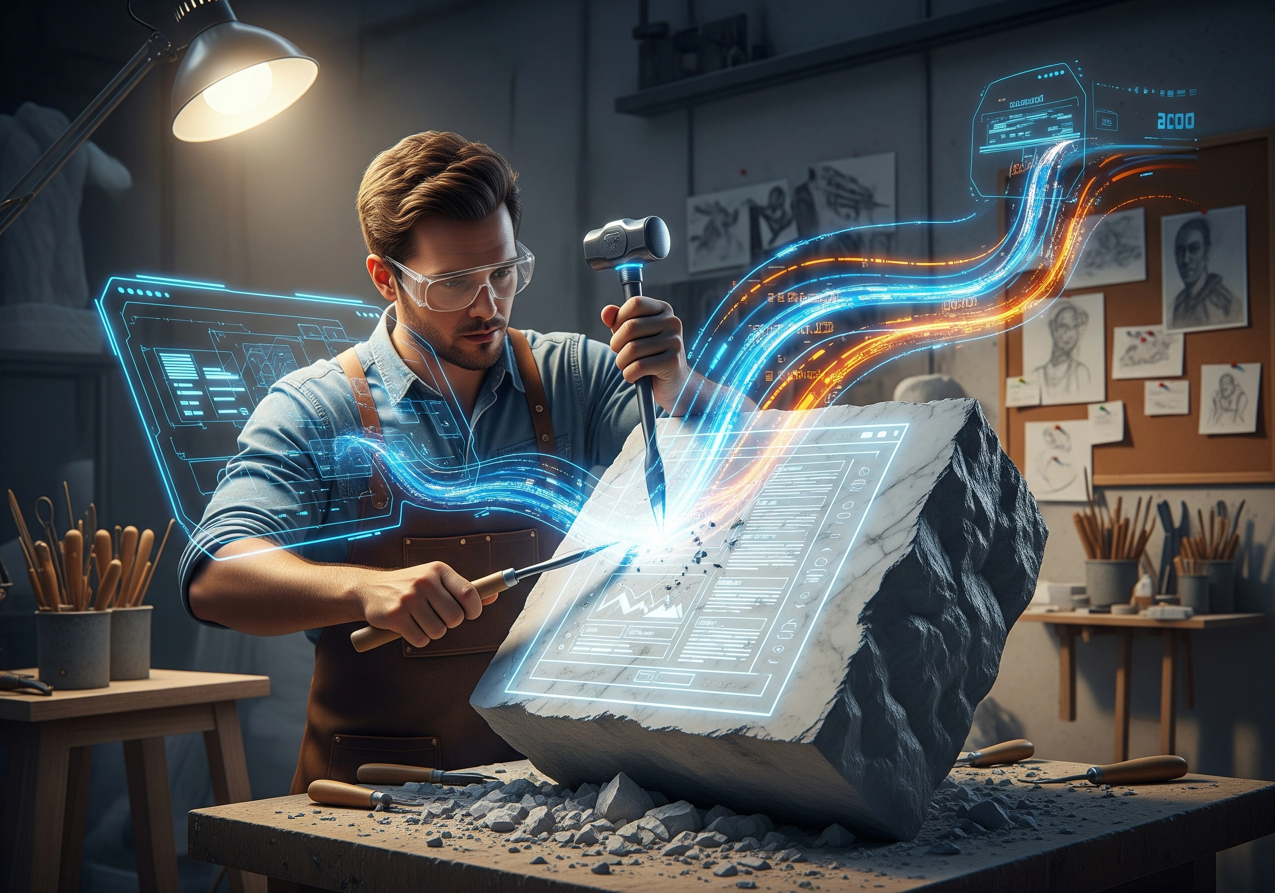 Man chiseling marble block with digital interface; content optimization software concept