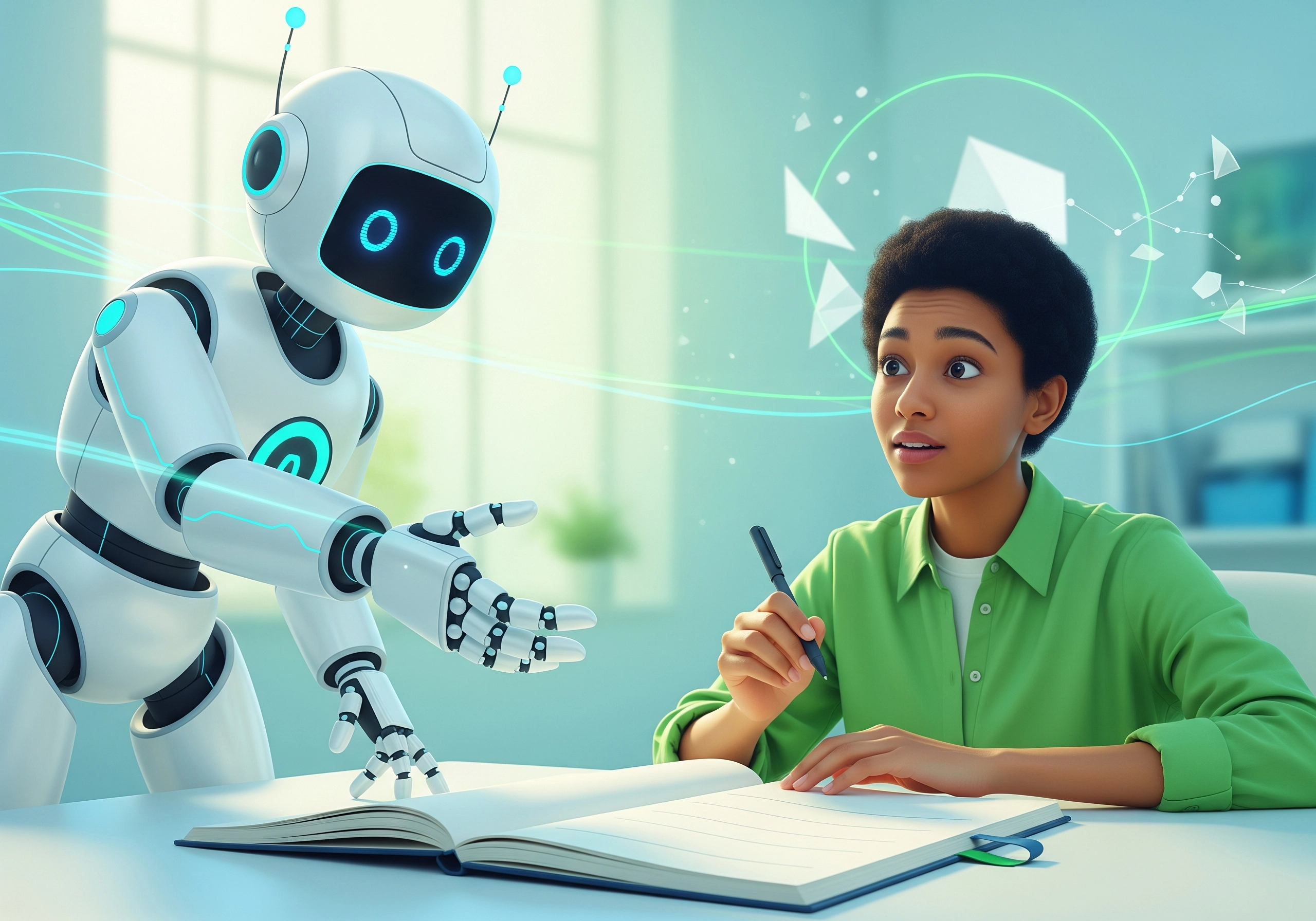 Woman interacting with a robot, symbolizing the use of AI writing assistant for content creation.