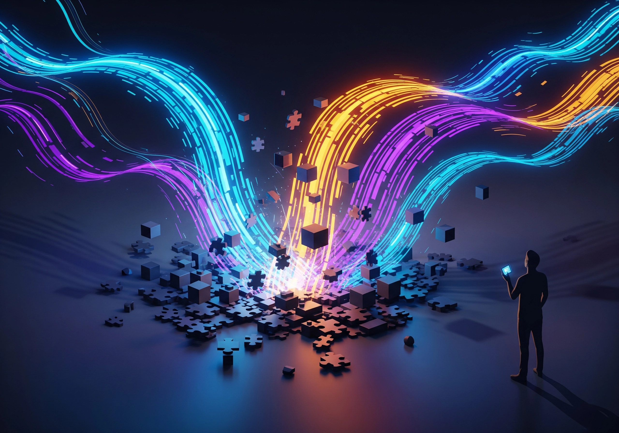 Glowing puzzle pieces, symbolizing AI content generator and content creation AI.