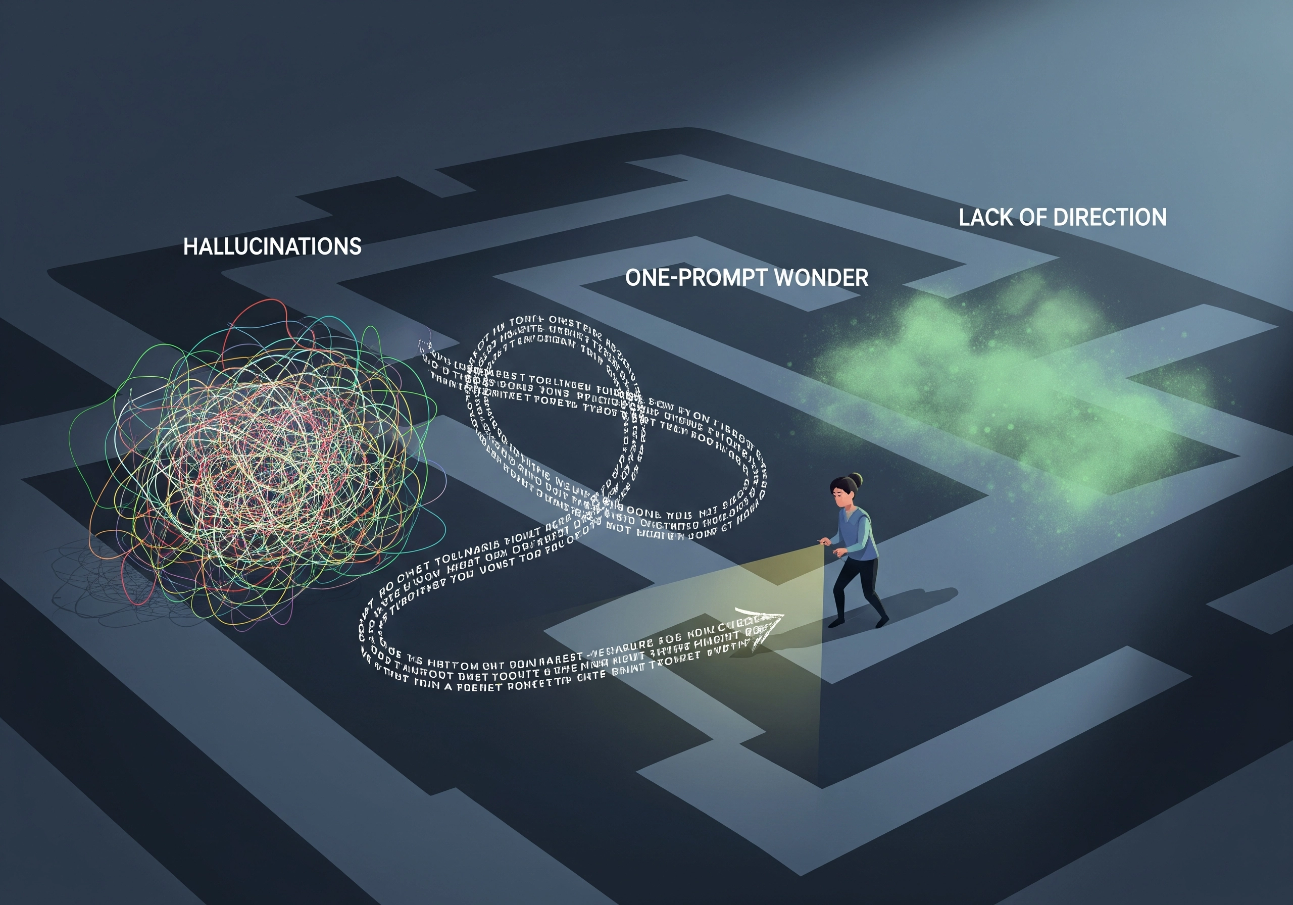 AI content generator pitfalls: hallucinations, one-prompt results, lack of direction.