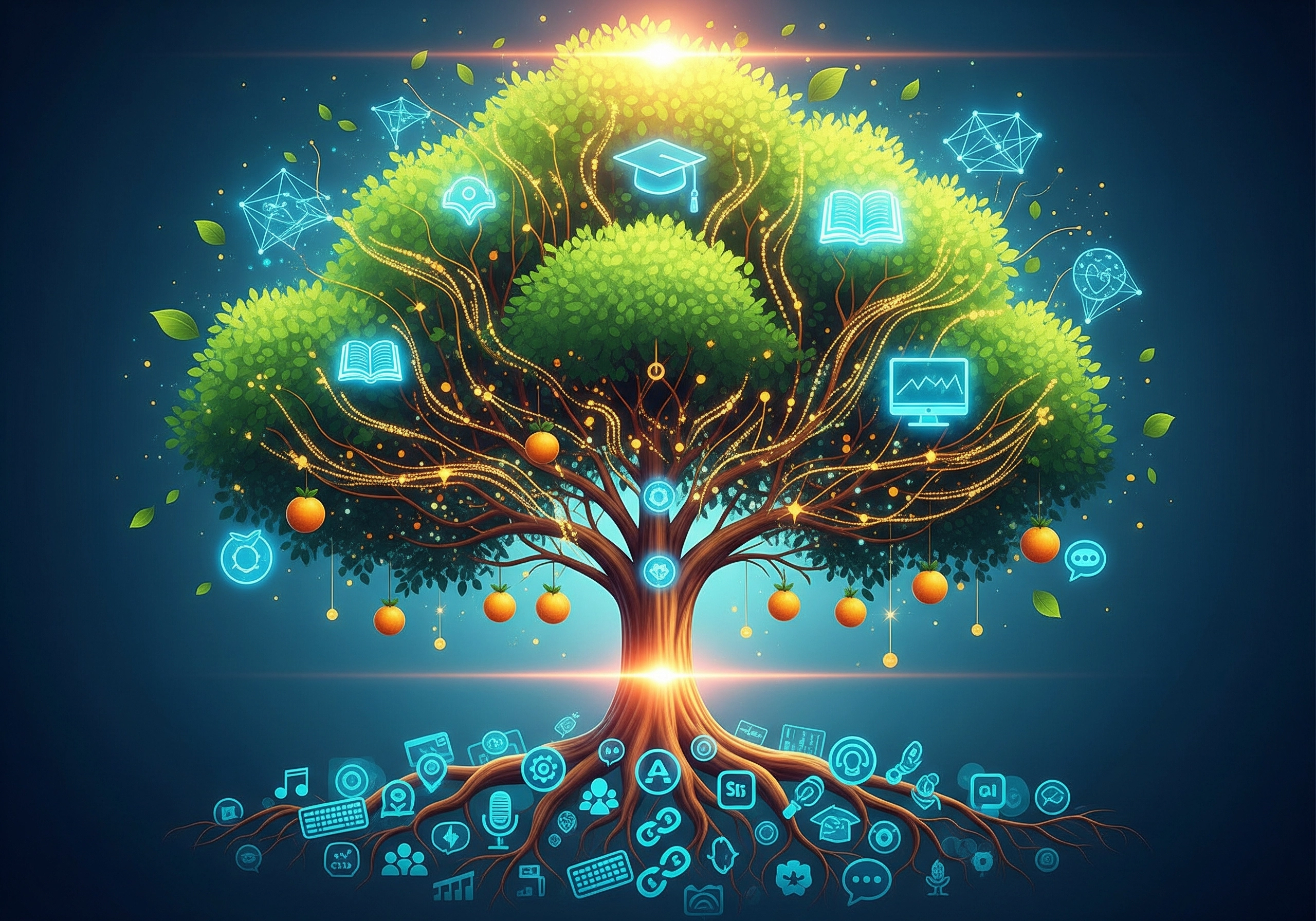 Glowing tree of knowledge with books, graduation cap, and AI content creation icons.