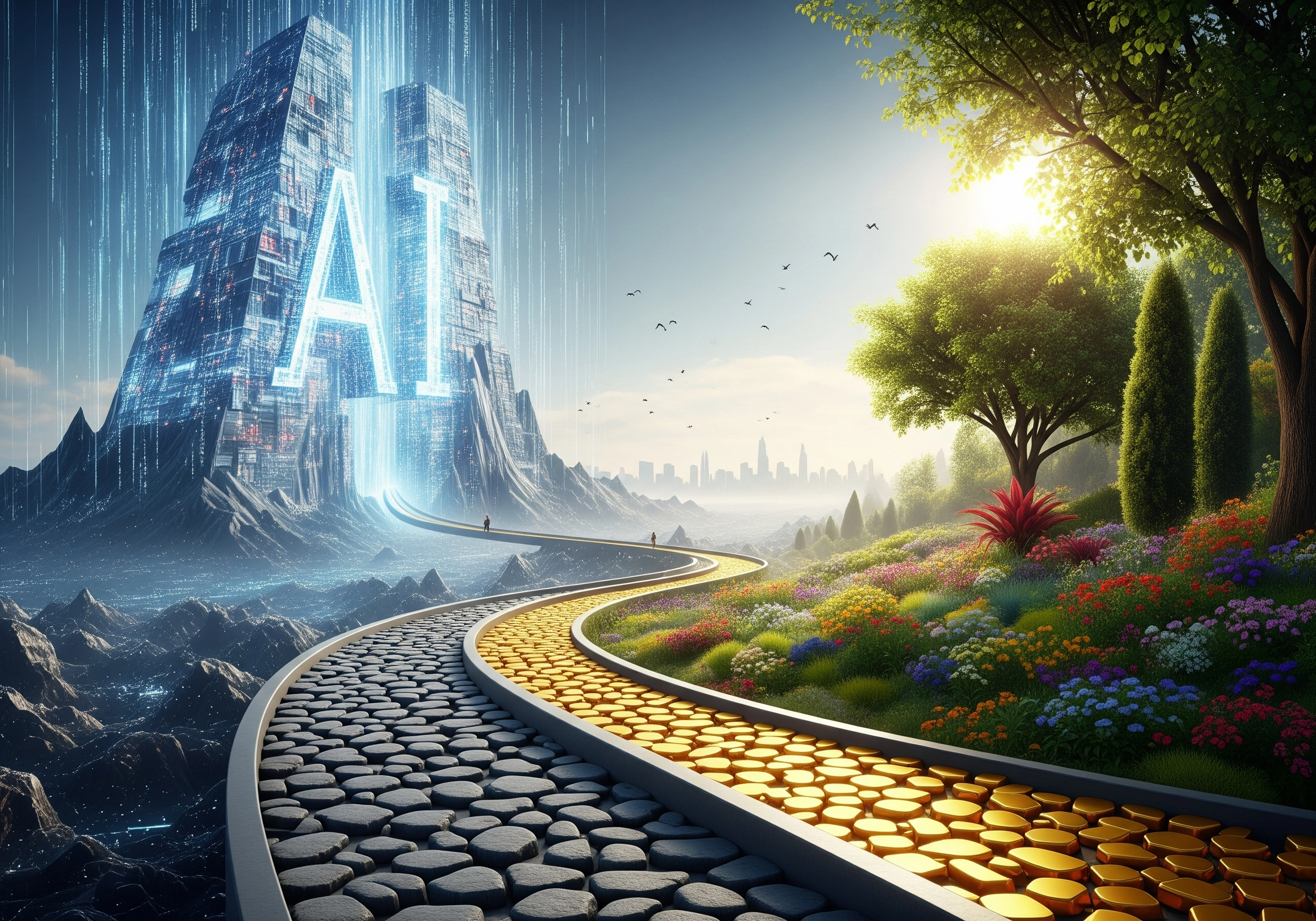Road leading from a futuristic AI city to a serene, colorful garden landscape.