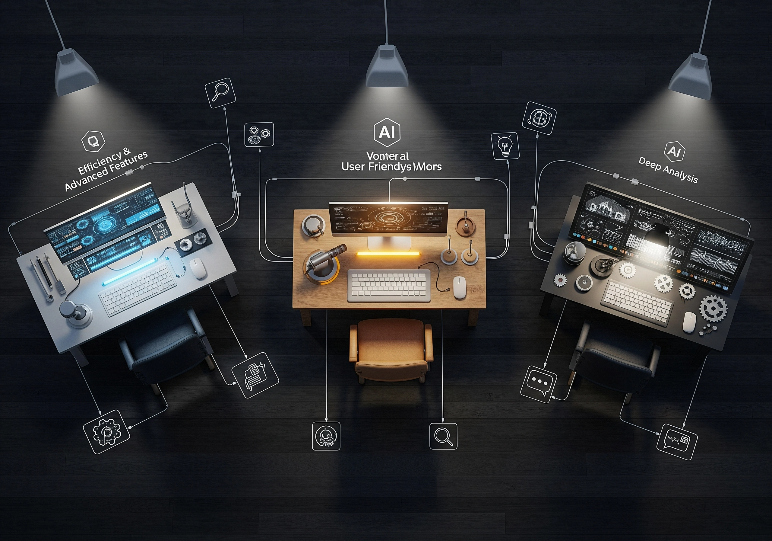 Three desks displaying AI SEO content generator dashboards for efficiency and analysis.