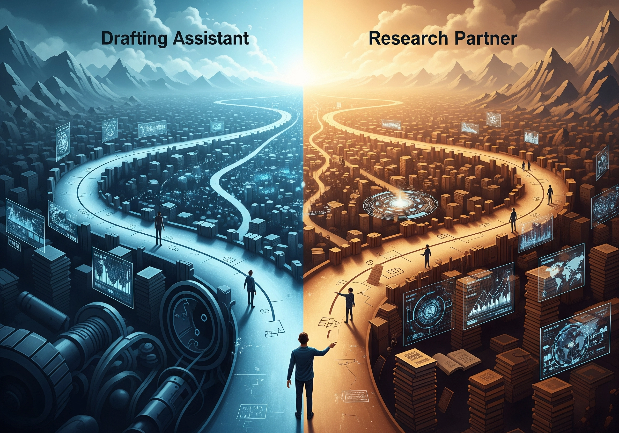 Conceptual art showing AI drafting assistant vs. AI research partner with cityscapes.