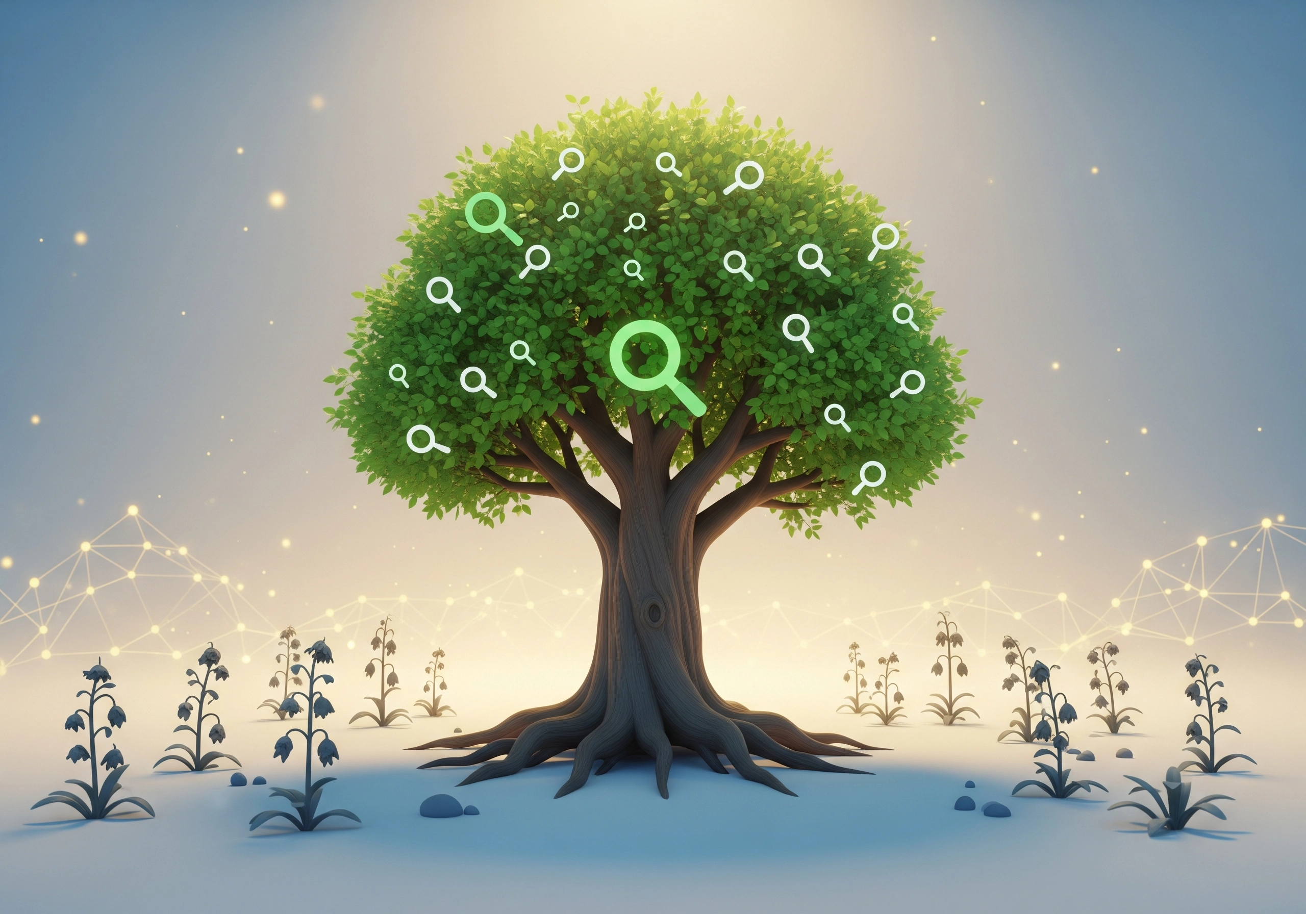 Tree with green magnifying glass icons, symbolizing SEO content writing assistant.