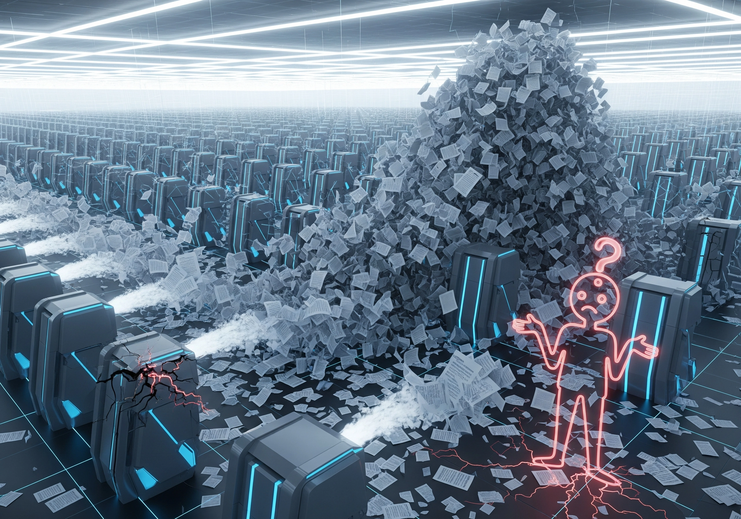 Neon figure overwhelmed by paper pile, illustrating challenges with content automation software.