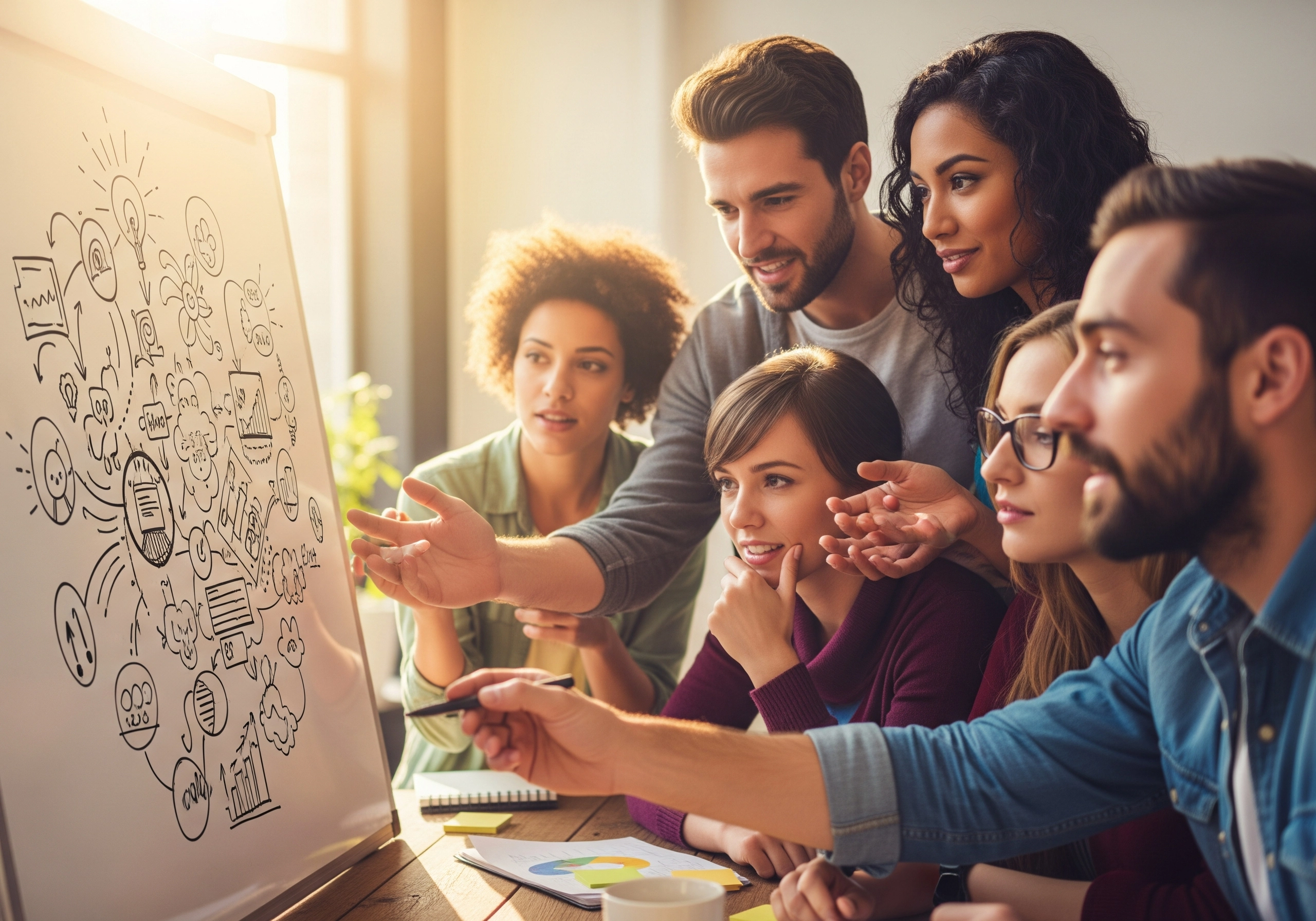 Team collaborating on a content strategy, brainstorming ideas on a whiteboard.