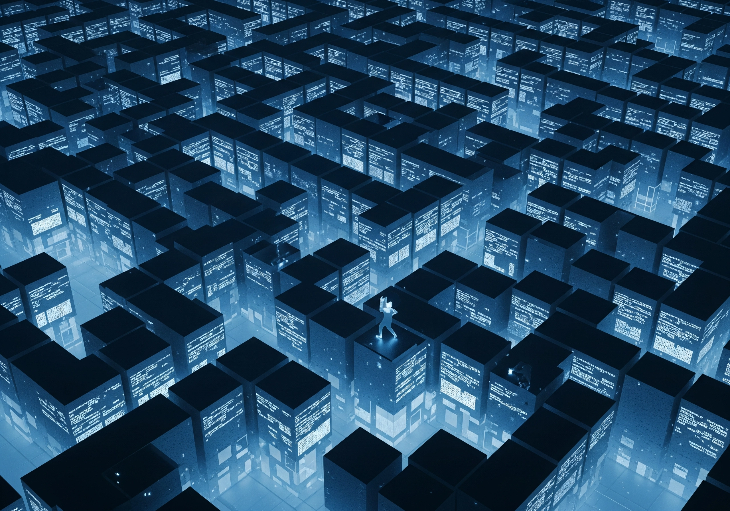 Person standing in a blue glowing maze, representing the complexities of content automation.