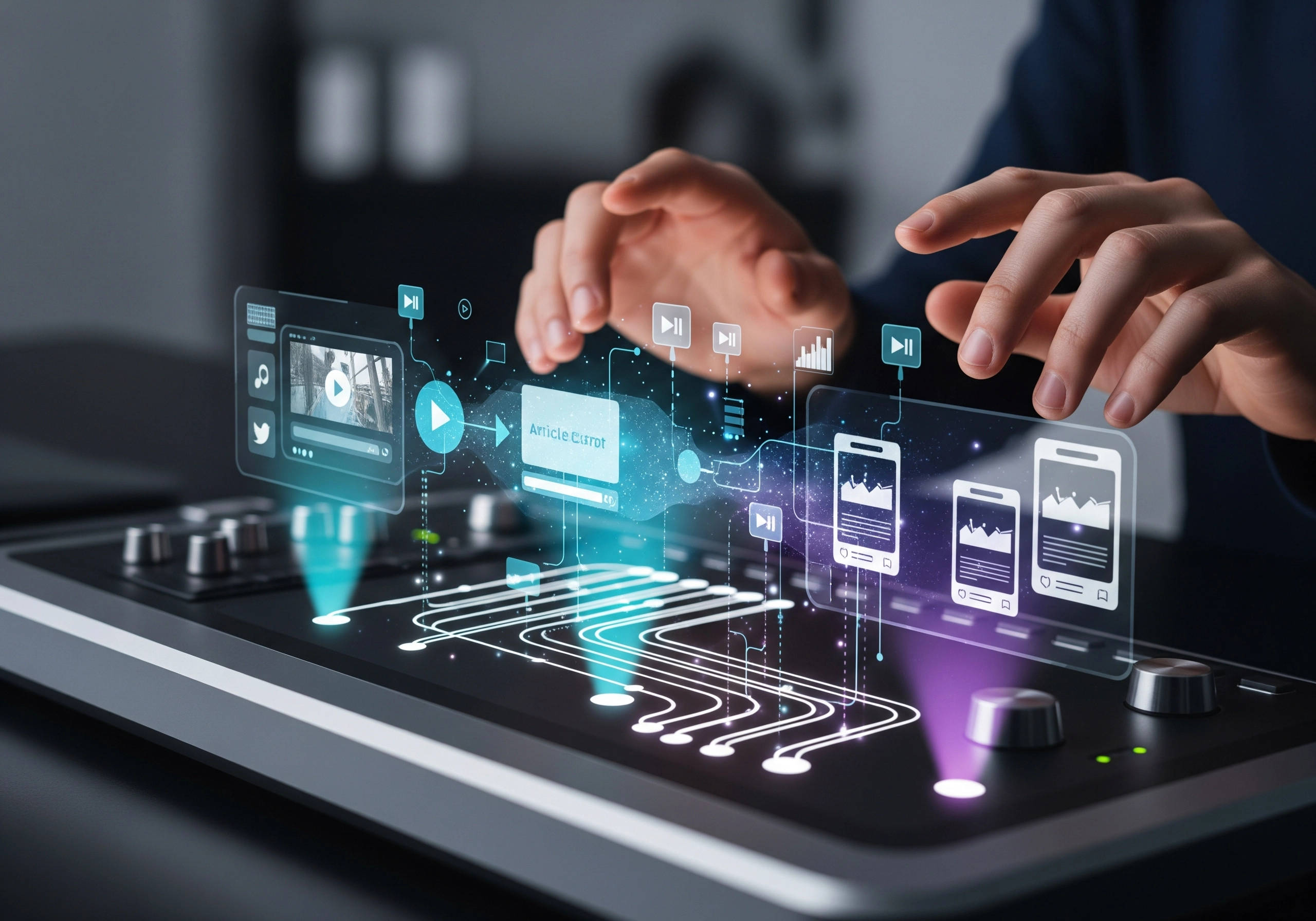 Hands interacting with holographic content automation software interface for article creation.