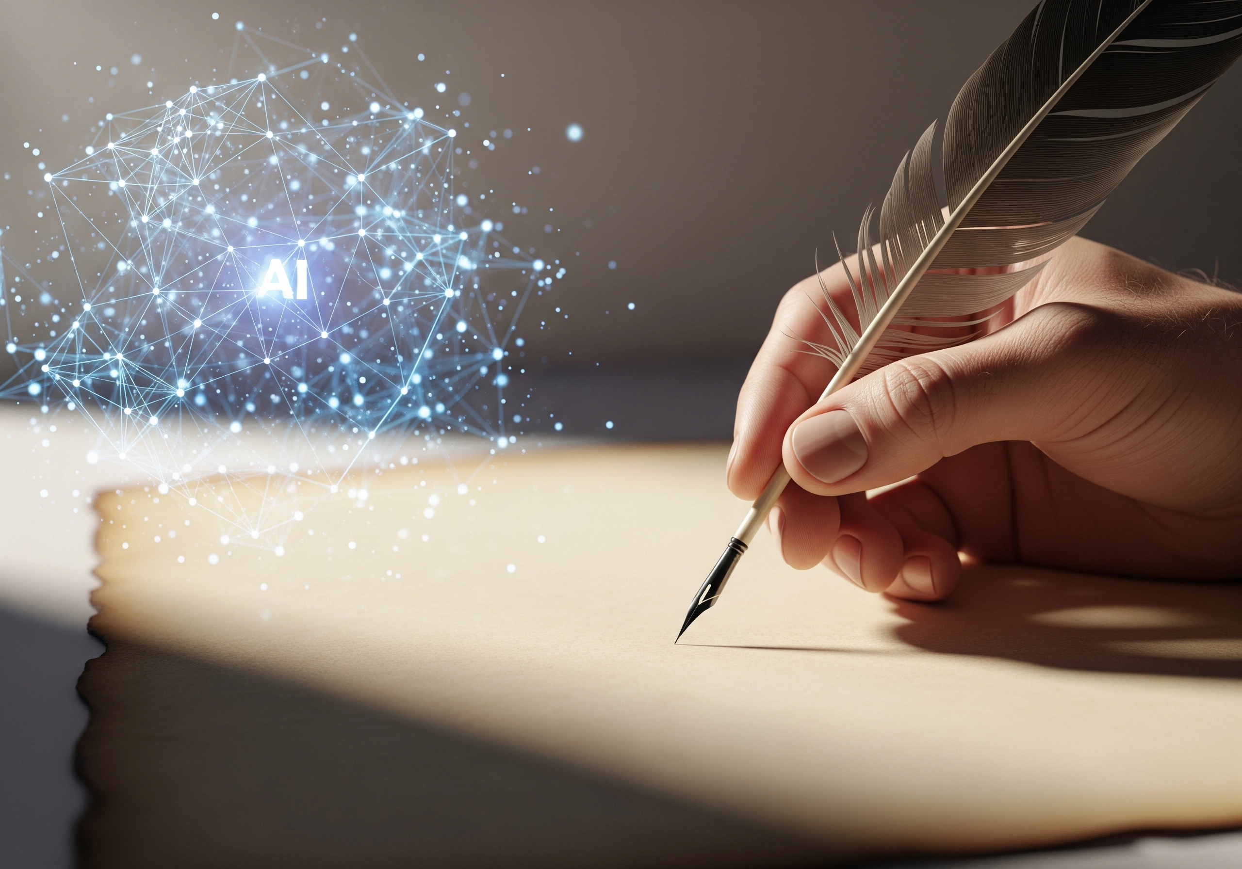 Hand using quill with AI network, illustrating AI writing software