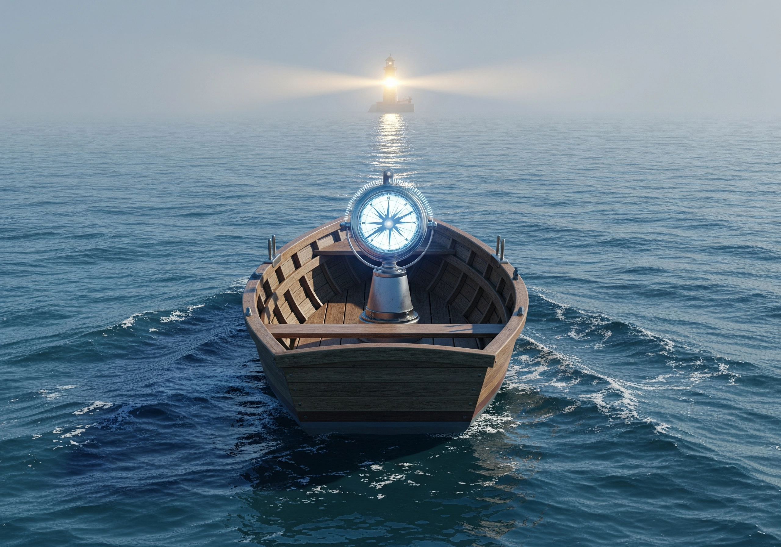 Rowboat with compass facing a distant lighthouse in foggy sea, suggesting navigation.