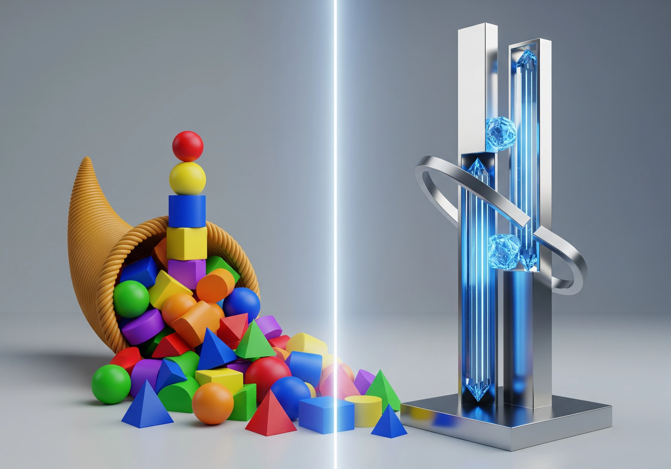 Cornucopia of colorful shapes next to a modern art sculpture