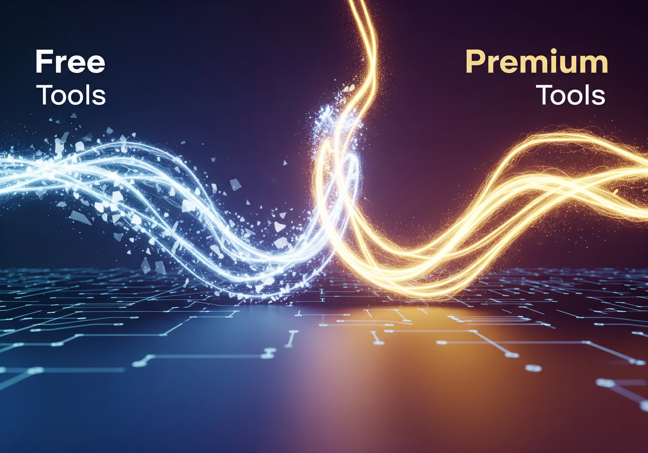Comparison of free SEO content tools vs premium tools shown with light streams.
