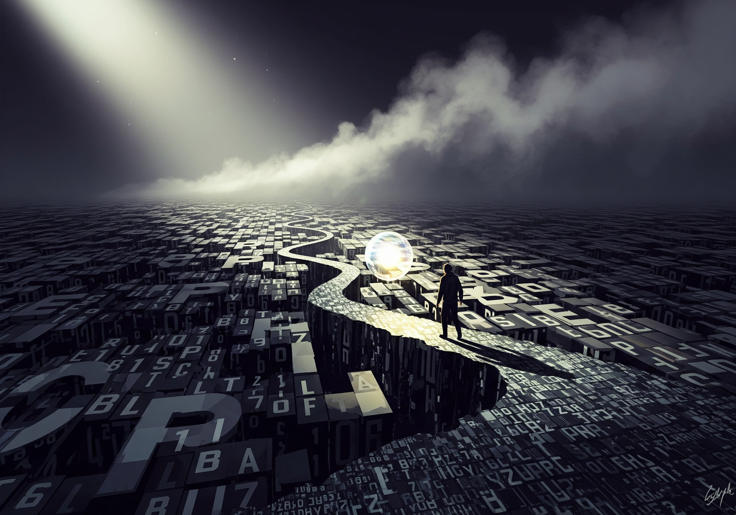 Figure walking on path over blocks with letters, toward a glowing orb