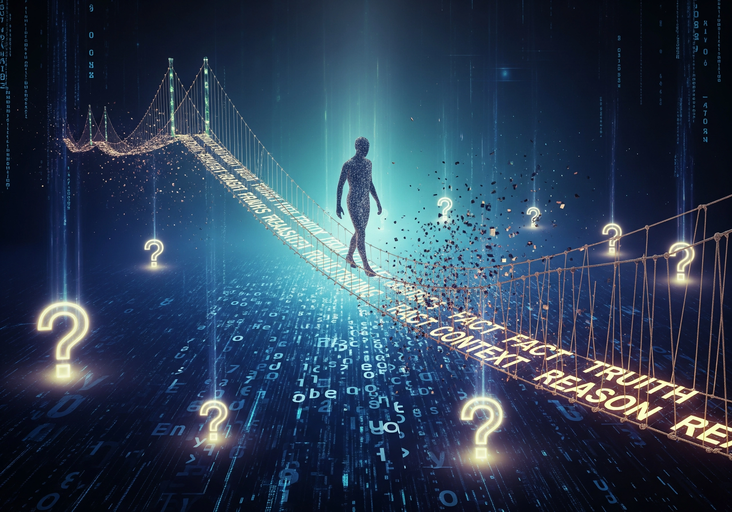 Silhouette walking bridge of text with glowing question marks, digital background