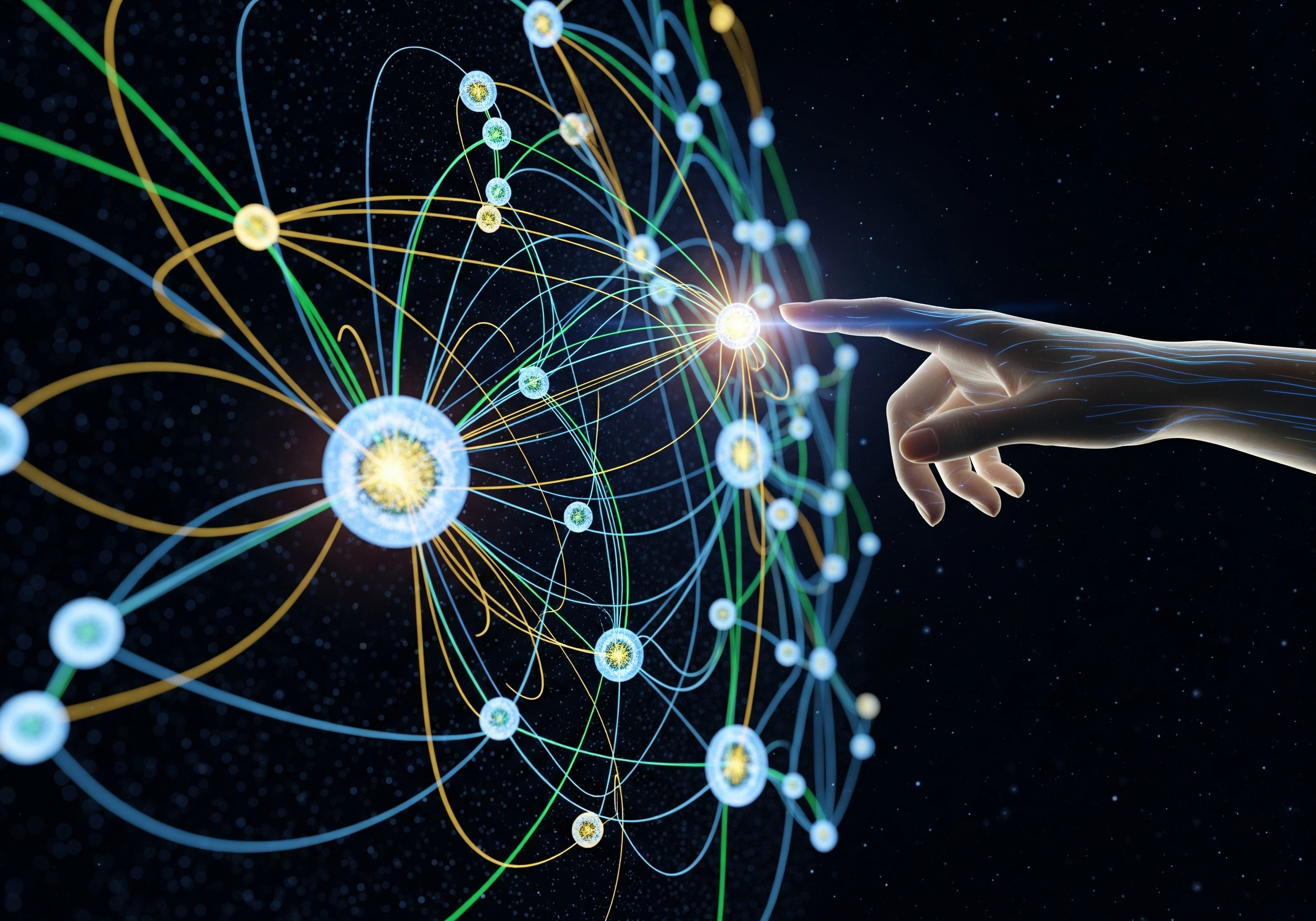 Finger touching glowing node in network, representing AI content writing
