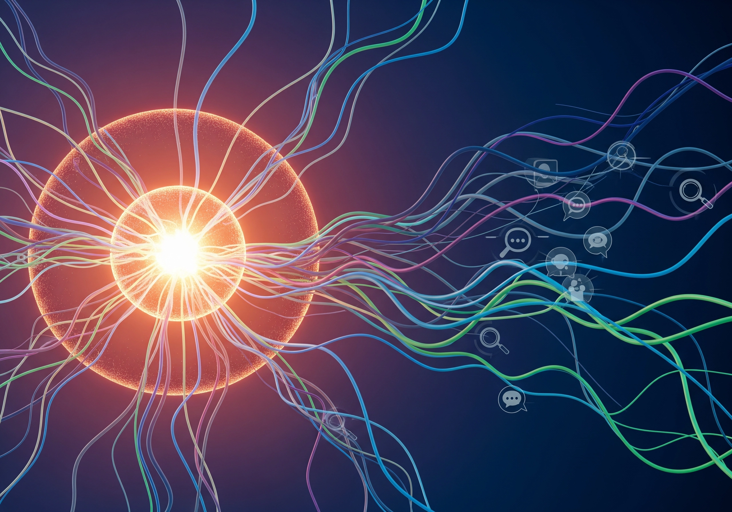 Abstract glowing sphere with colorful tendrils and search icons, technology concept