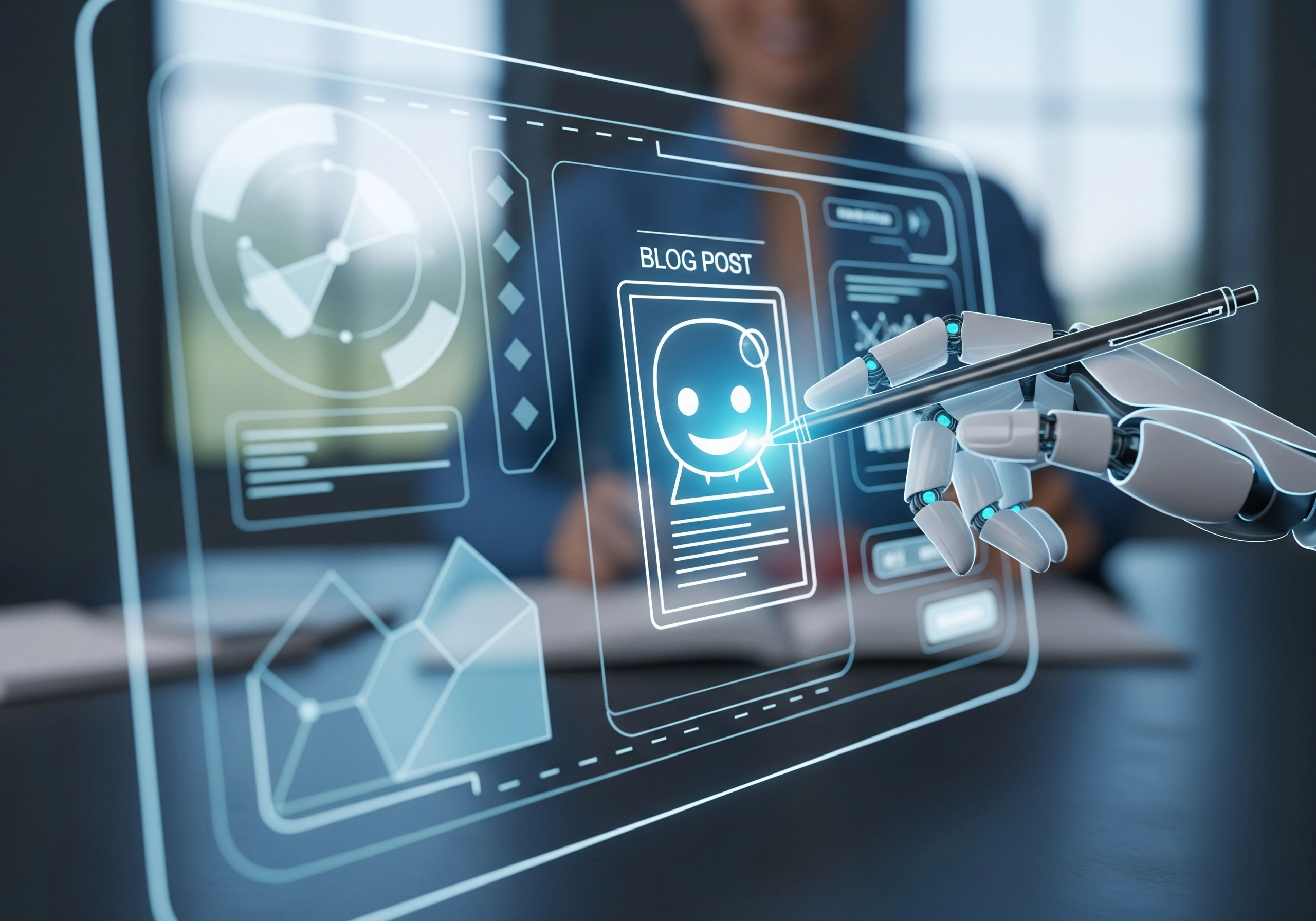 Robotic hand writing a blog post displayed on a transparent screen. AI blog content creator.