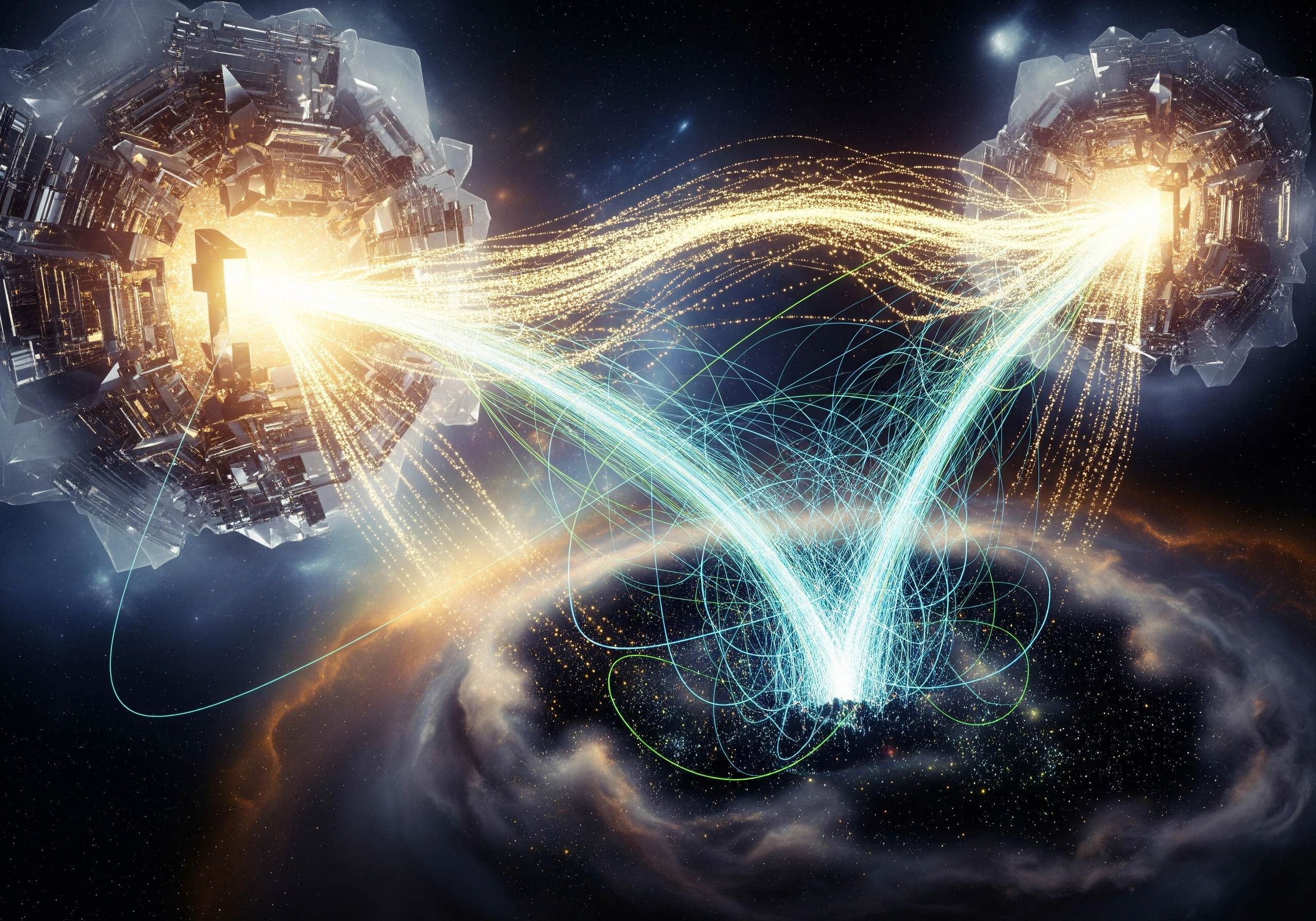 Abstract cosmic illustration with light streams connecting two fractal structures.
