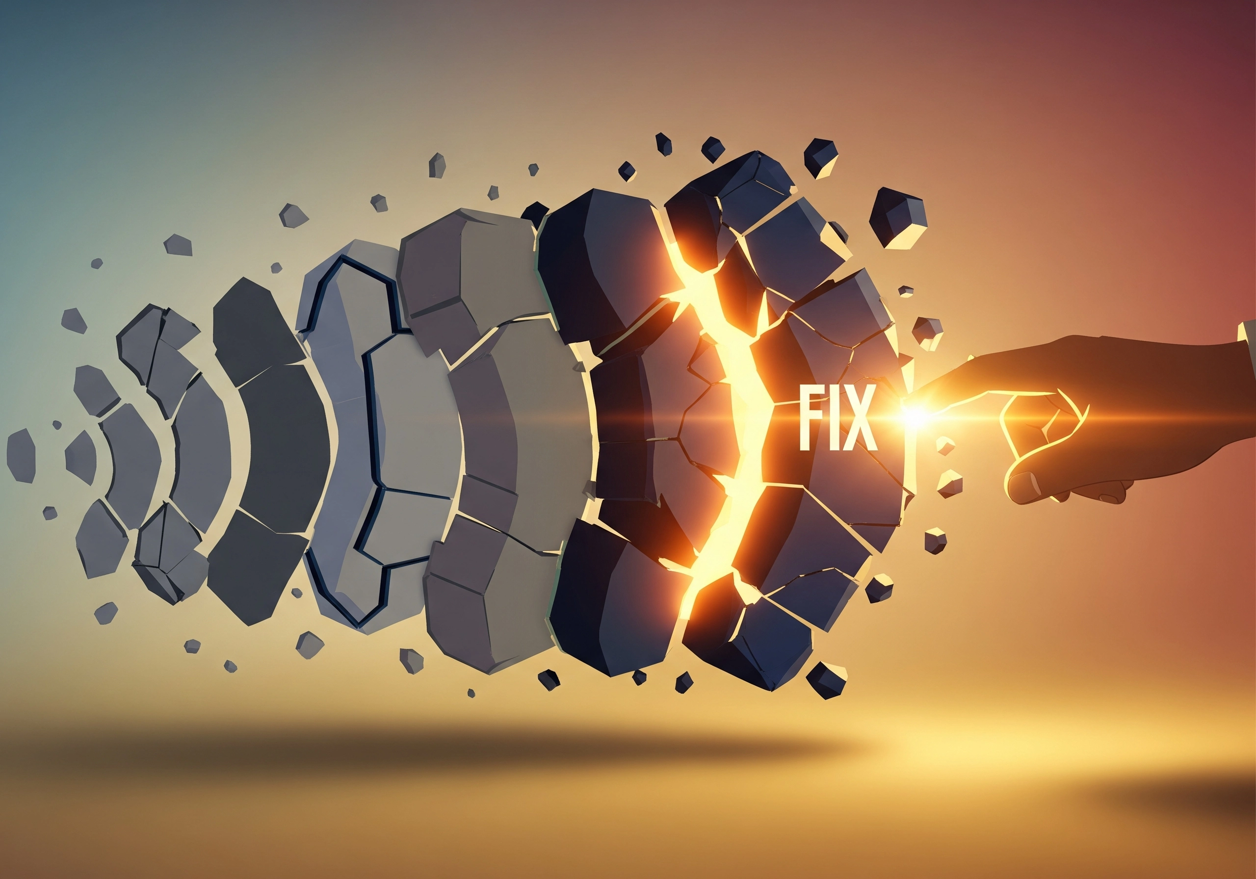 Abstract 3D sphere breaking apart with the word 'FIX' highlighted, representing problem-solving.
