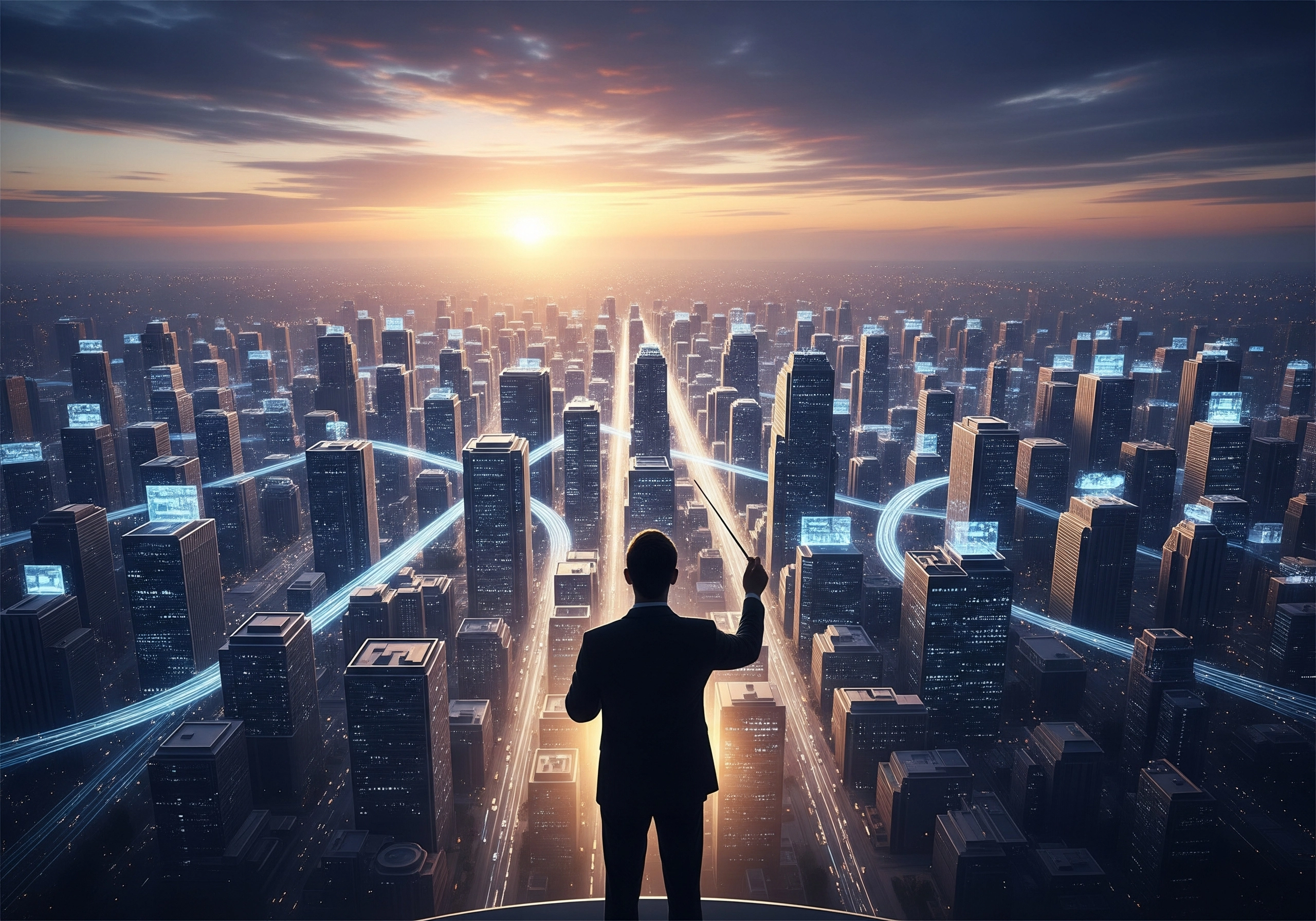 Silhouette of conductor overseeing a futuristic cityscape with glowing network lines.