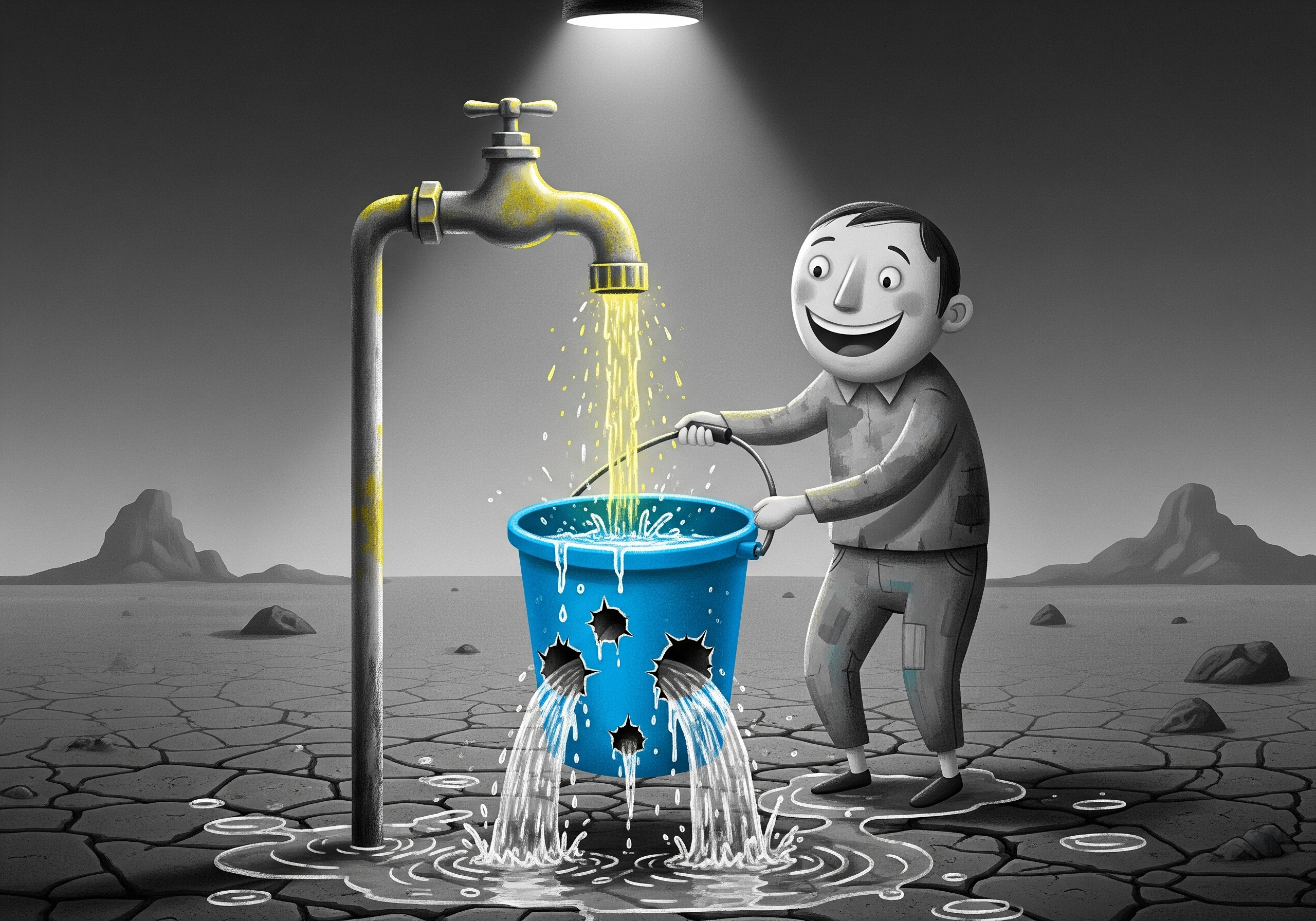 Cartoon man catching water from faucet in leaky bucket on cracked earth.