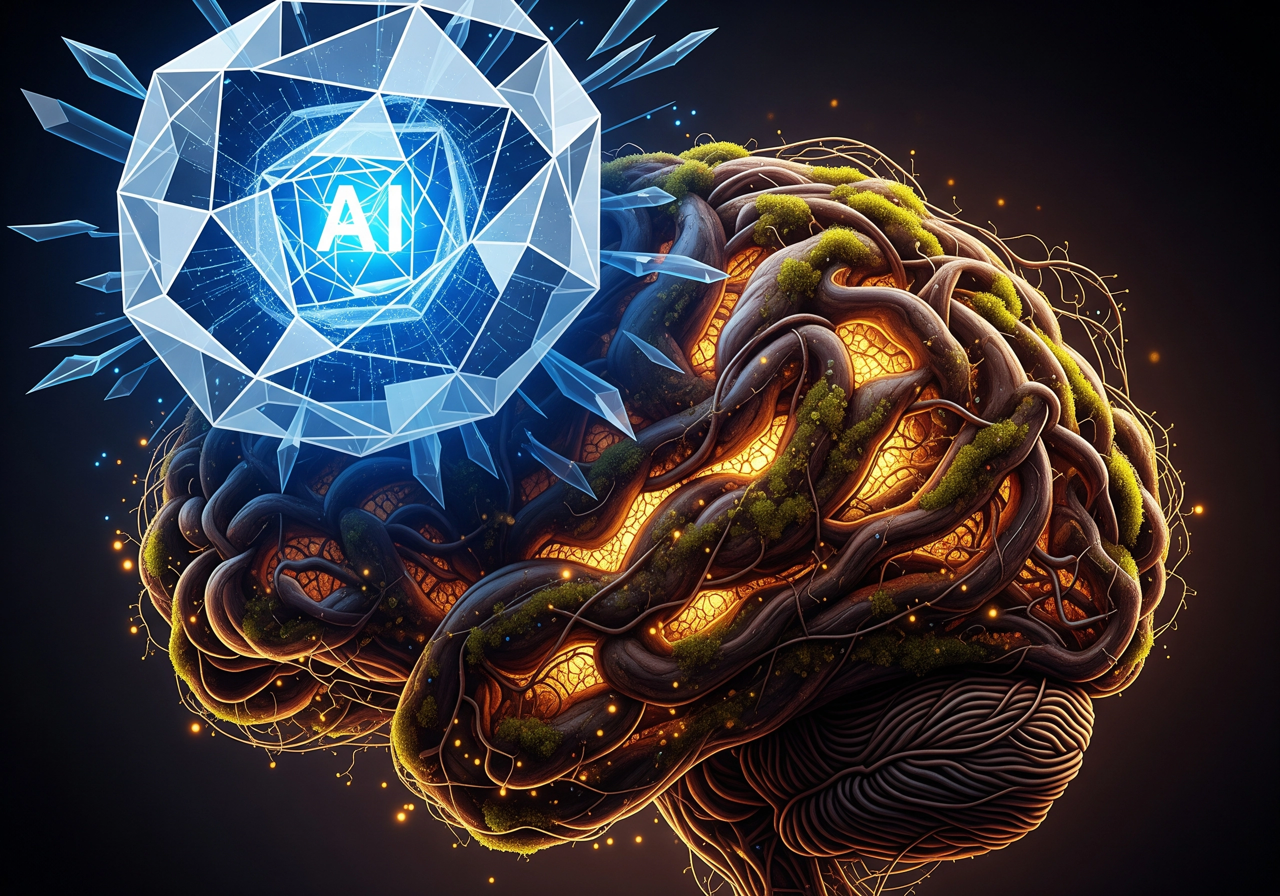 Human brain with glowing AI gem above it, representing AI for content creation.