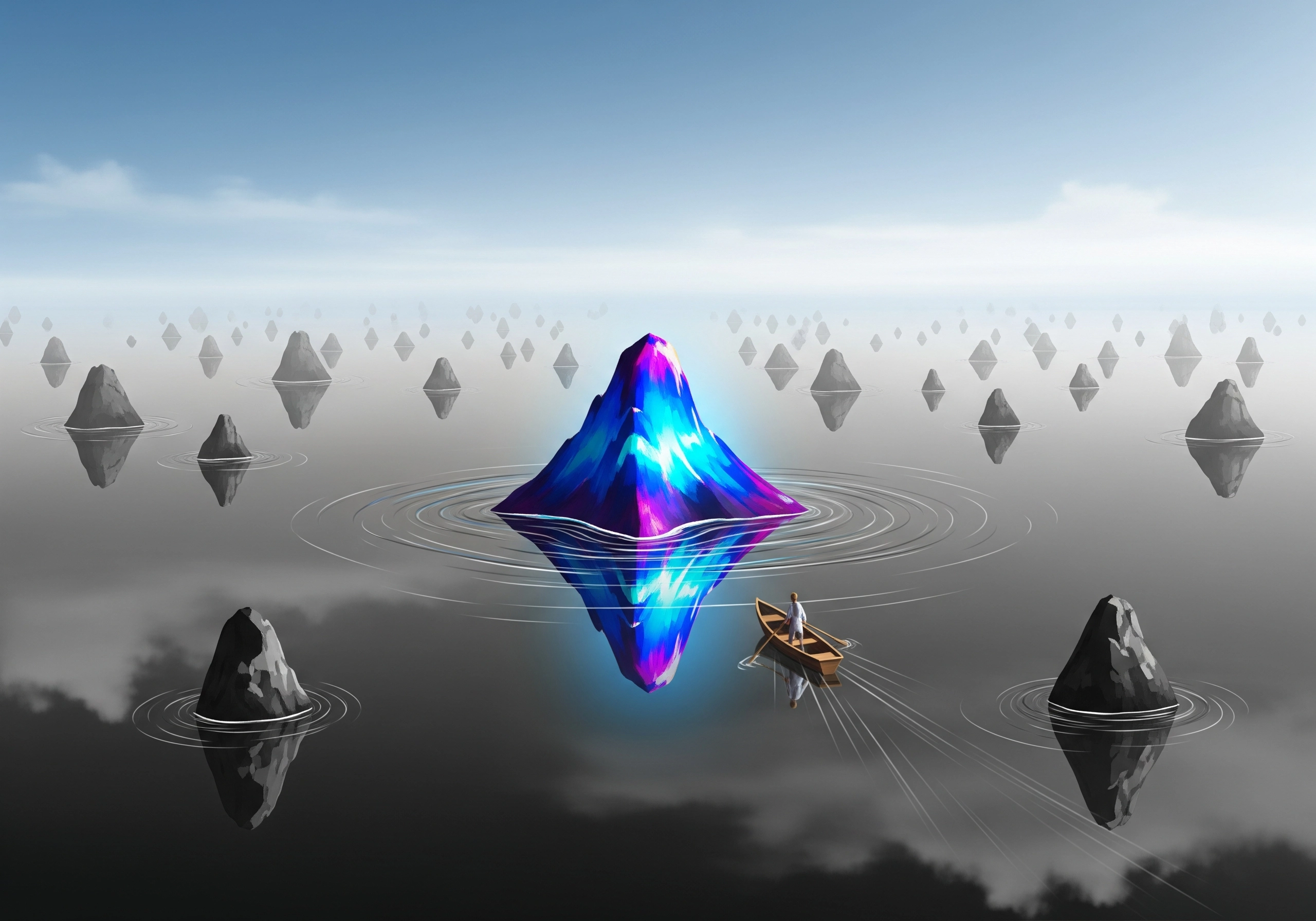 Boat sailing towards a glowing crystal iceberg in a surreal, misty landscape.