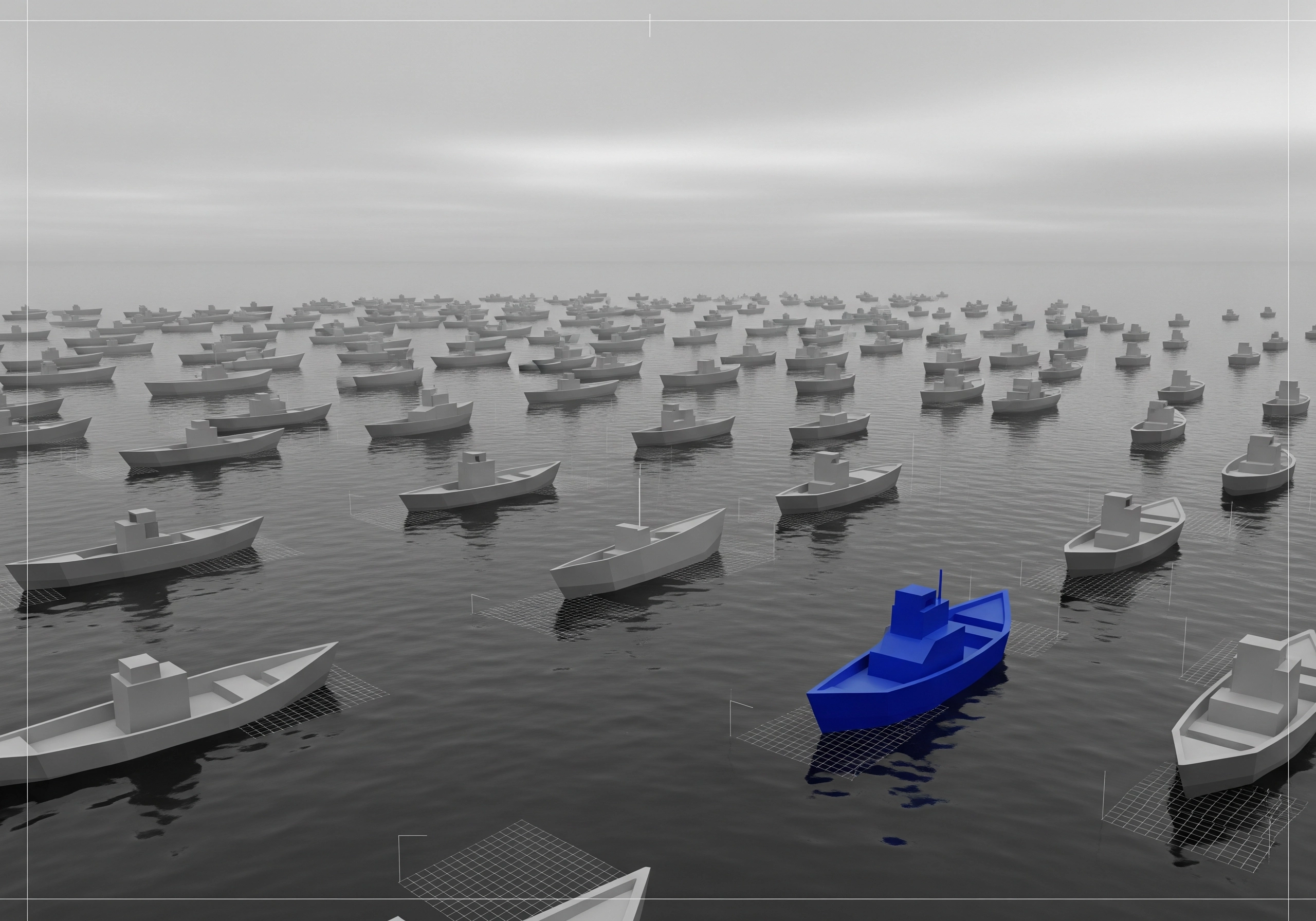 Blue boat amidst gray boats, symbolizing unique content in content generation strategy.