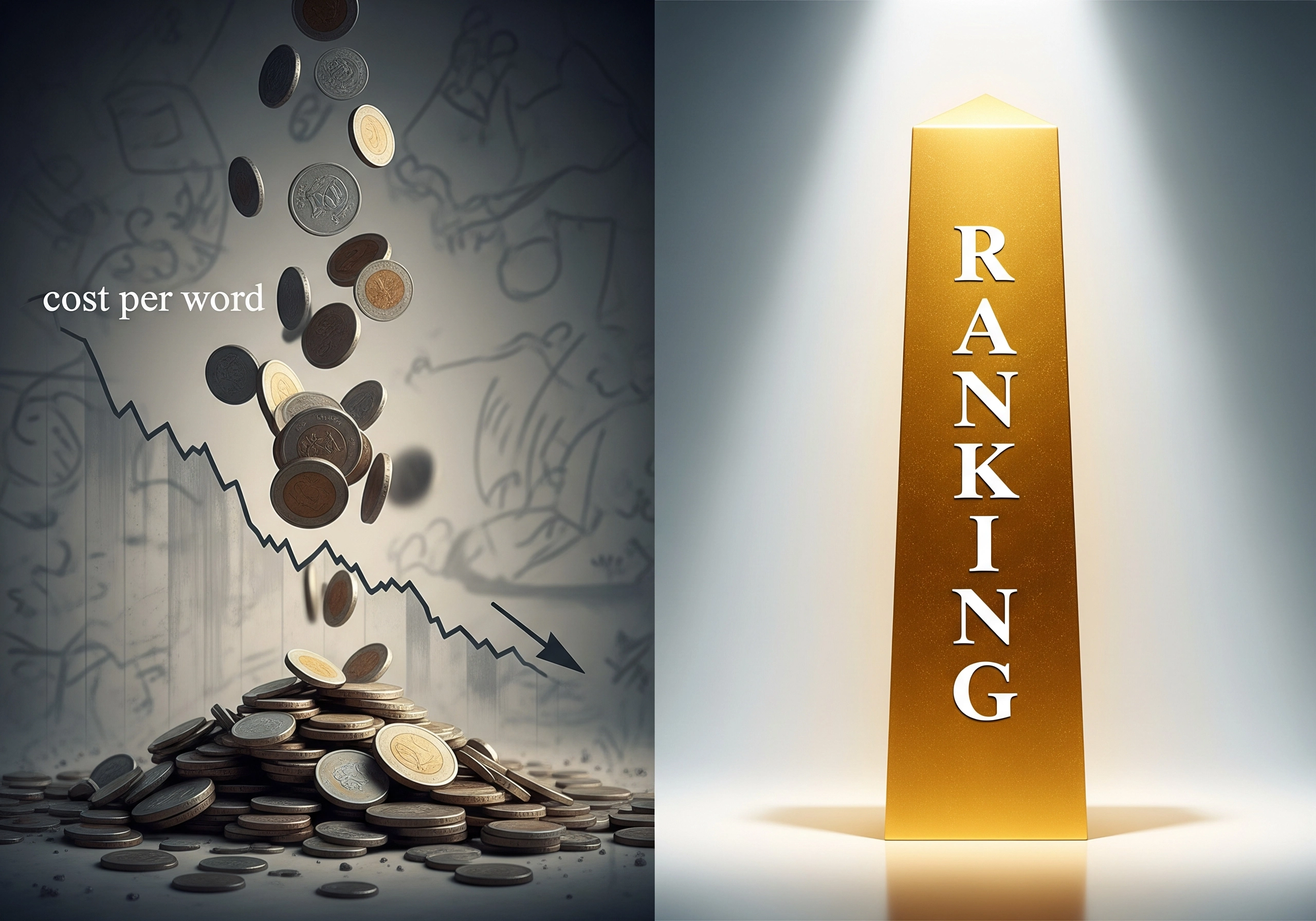 Falling coins and a downward graph show the cost of poor content; a pillar represents 'Ranking'.