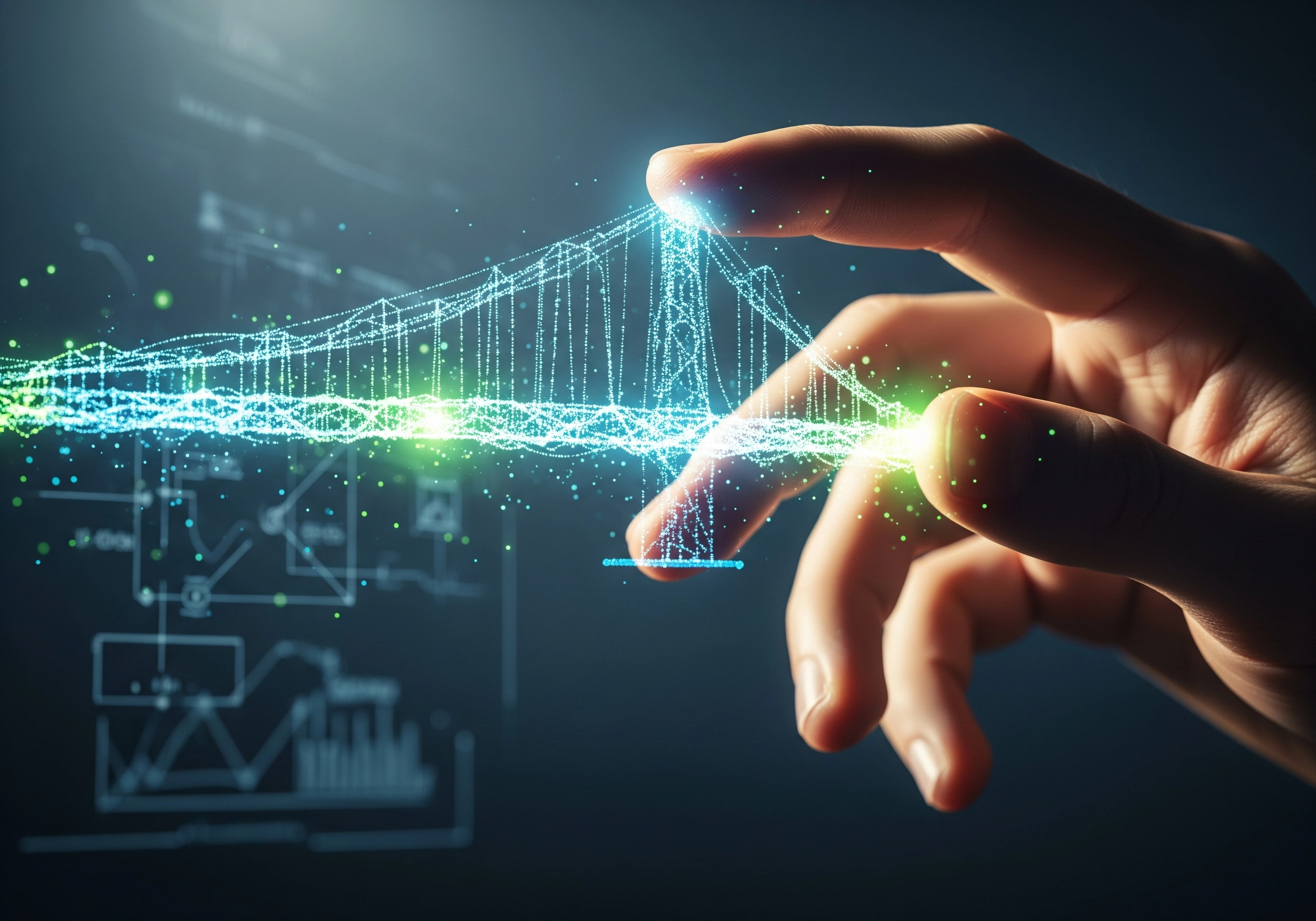 Fingers interacting with a digital network, depicting AI for content creation.