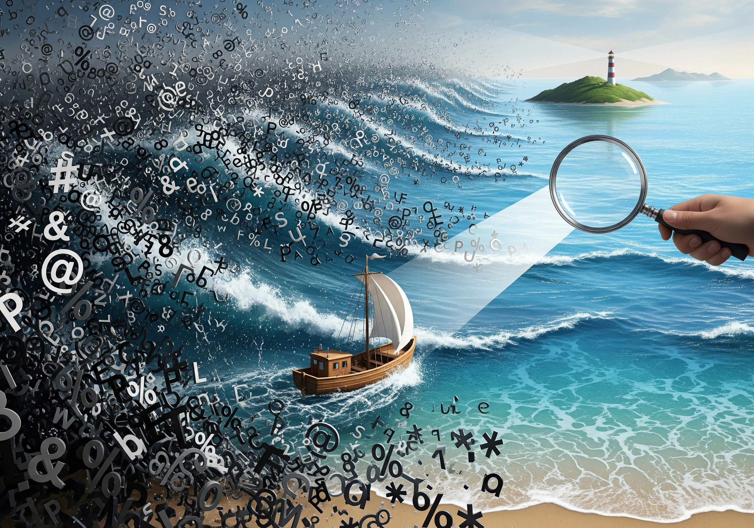 Seascape with alphabet wave, wooden boat, and hand holding magnifying glass examining article generator.