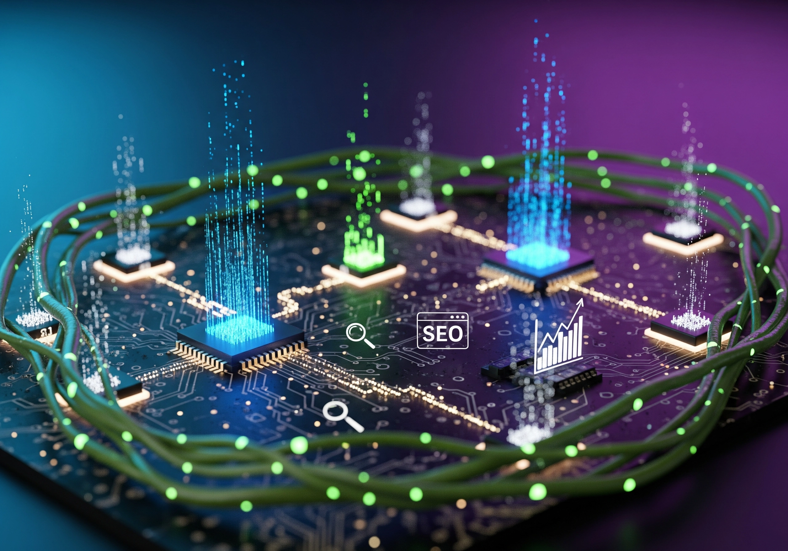 Circuit board with SEO icon, data streams, and search icons, representing AI software benefits.