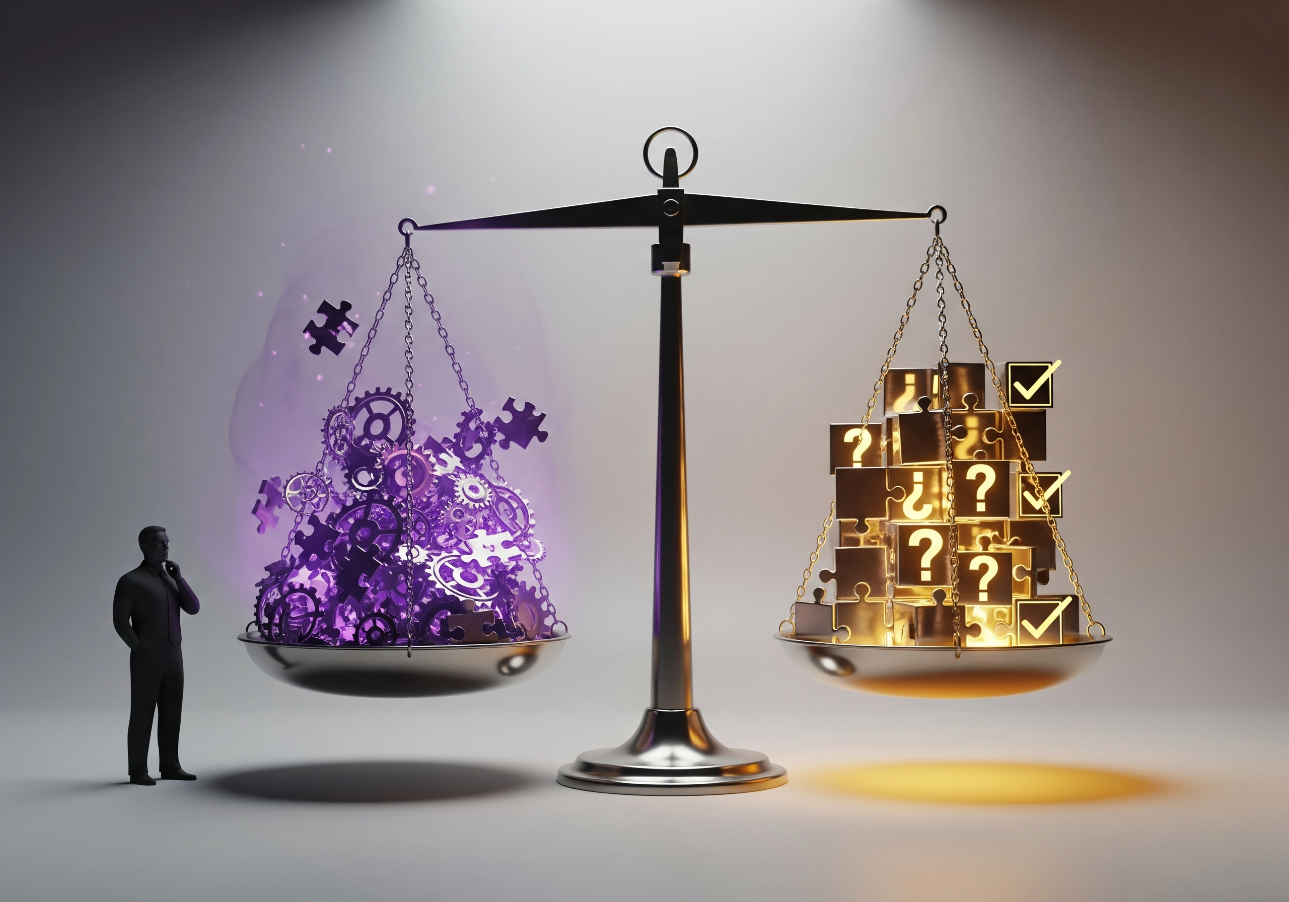 Scales comparing puzzle pieces with gears versus question marks, for choosing an AI writer.