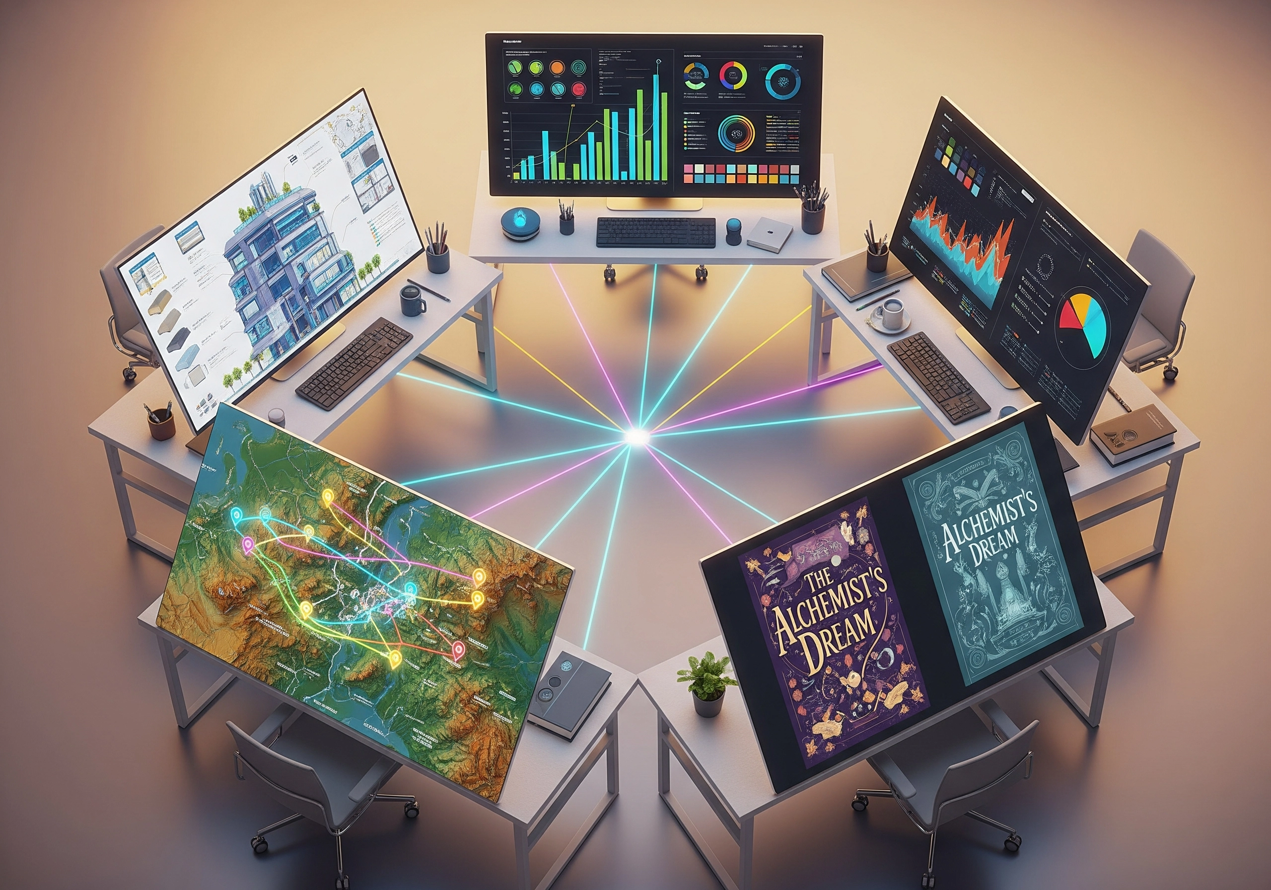 Overhead view of desks displaying data, maps, and book covers connected by lines.